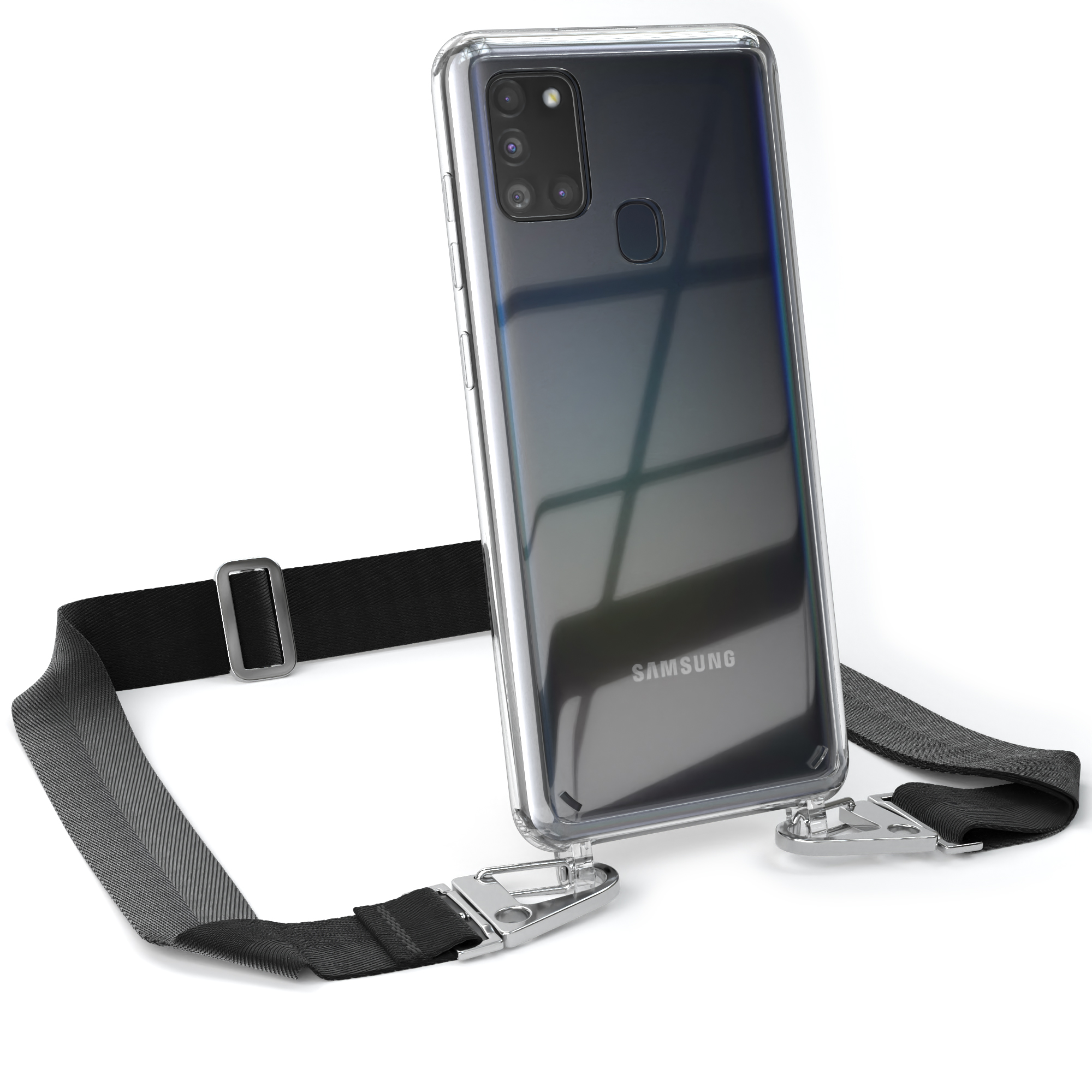 Transparente Handyhülle mit schwarzem Riemen. Das Telefon zeigt einen schwarzen Bildschirm.