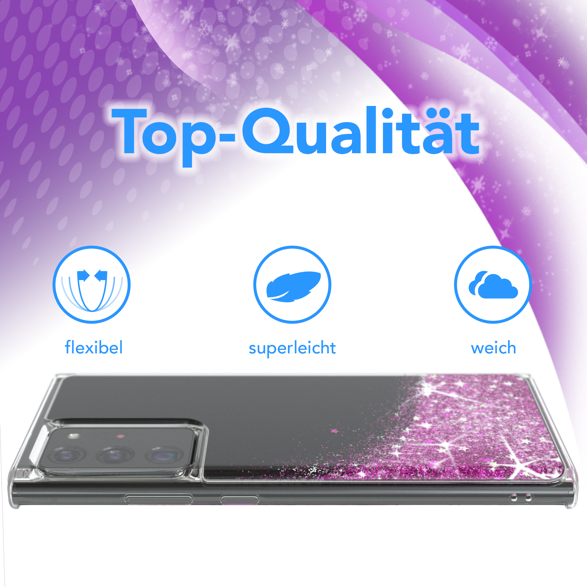 Handyhülle mit pinkfarbenem Glitzer. Text: Top-Qualität, flexibel, superleicht, weich. Das Telefon ist sichtbar.