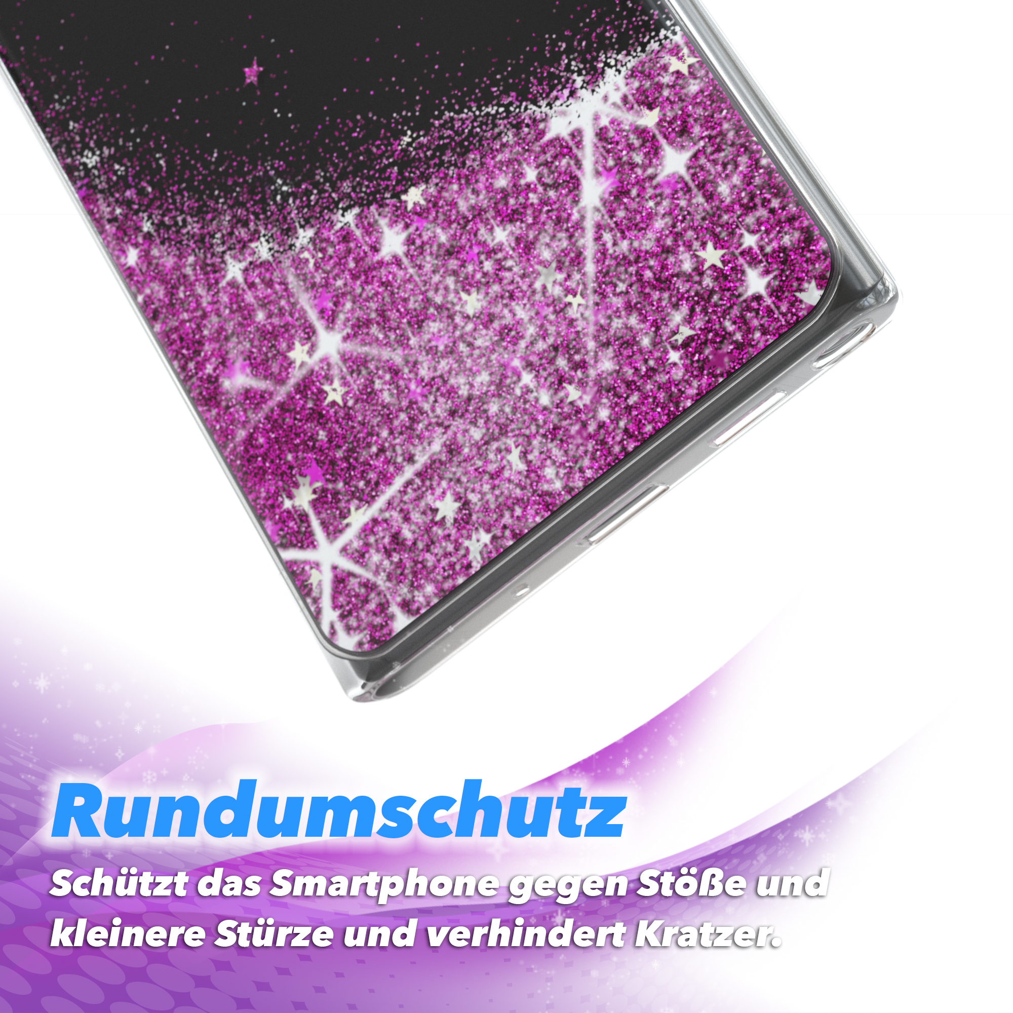 Schwarze Handyhülle mit pinkfarbenem Glitzer und Sternen. Text Rundumschutz unten. Nahaufnahme.