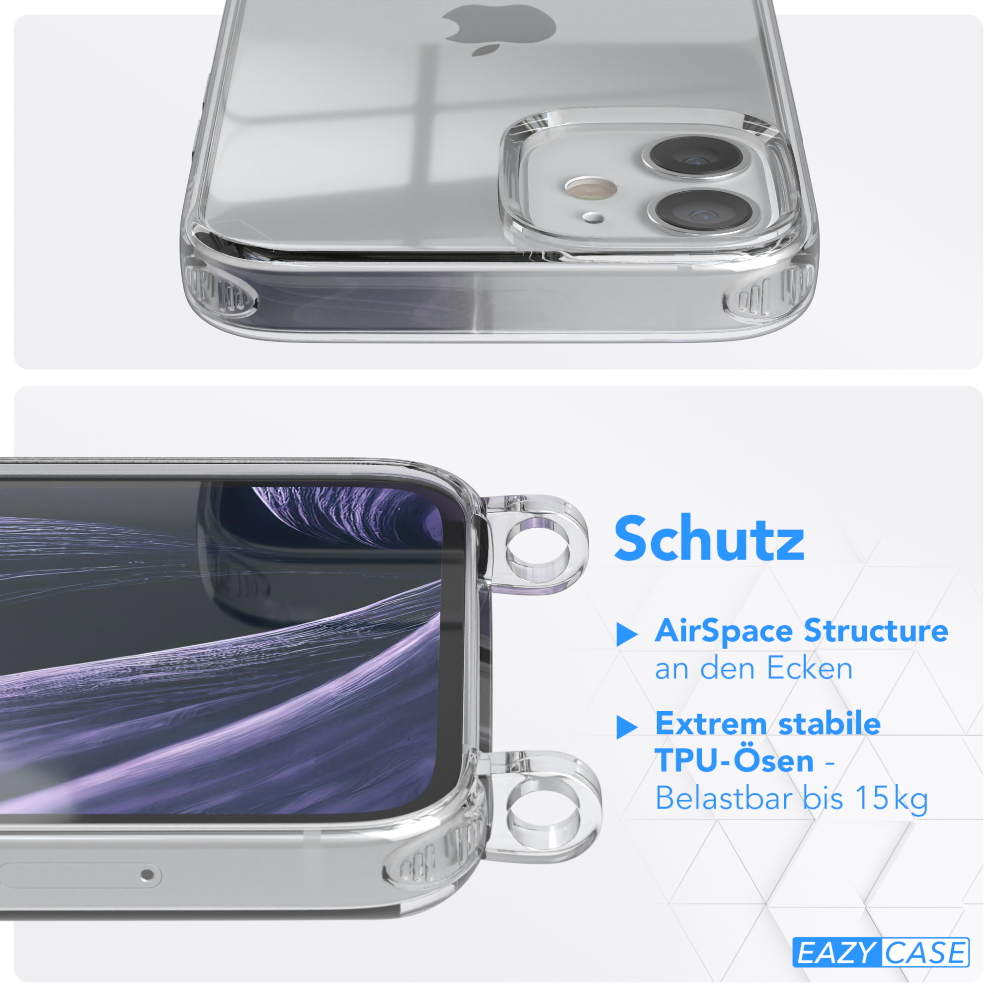 EAZY CASE Transparente Handyhülle mit Flieder Apple, breiter / Umhängetasche, iPhone Mini, + Gold 12 Karabiner, Kordel