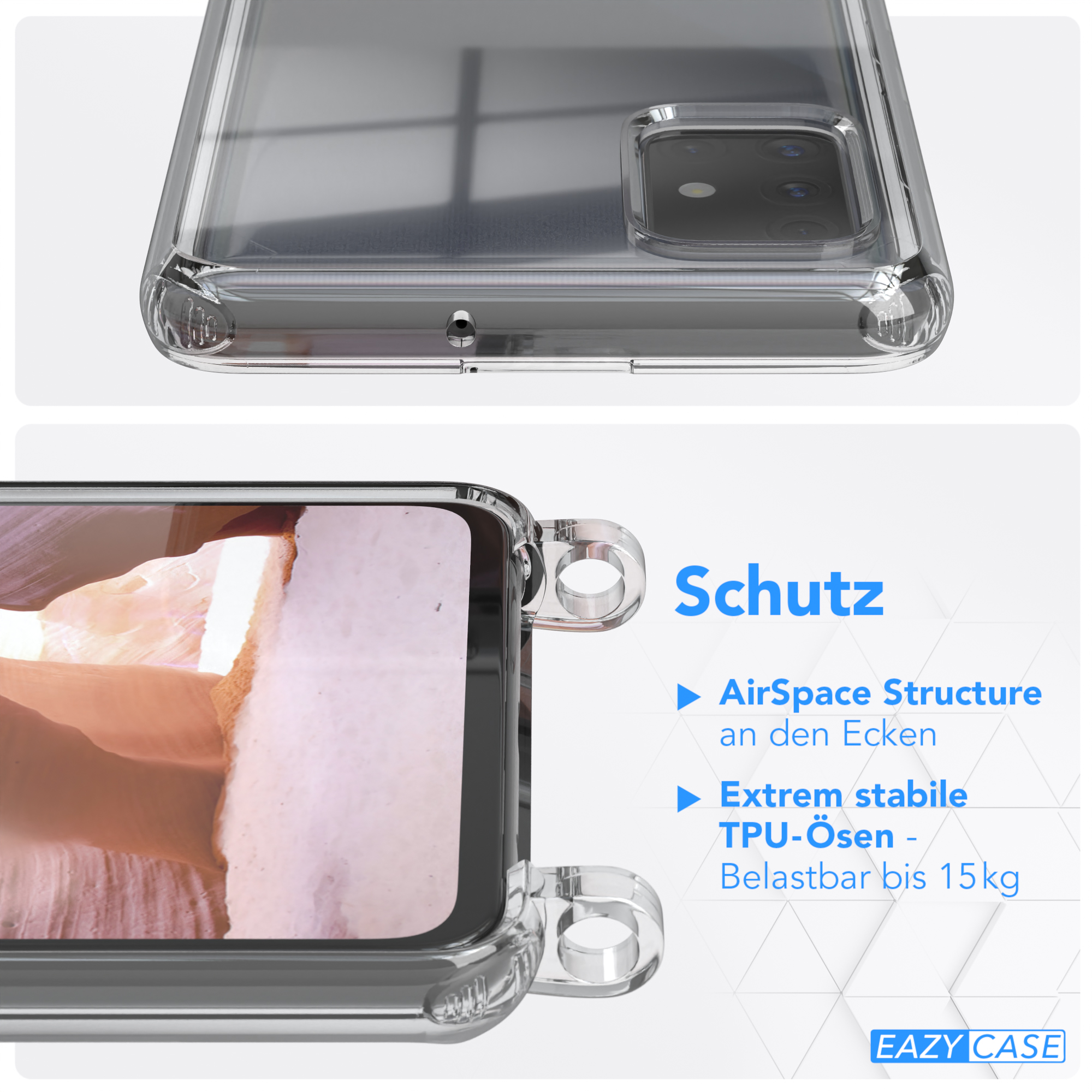 Nahaufnahme einer durchsichtigen Handyhülle mit Text über ihre Eigenschaften und einem Telefon darin.