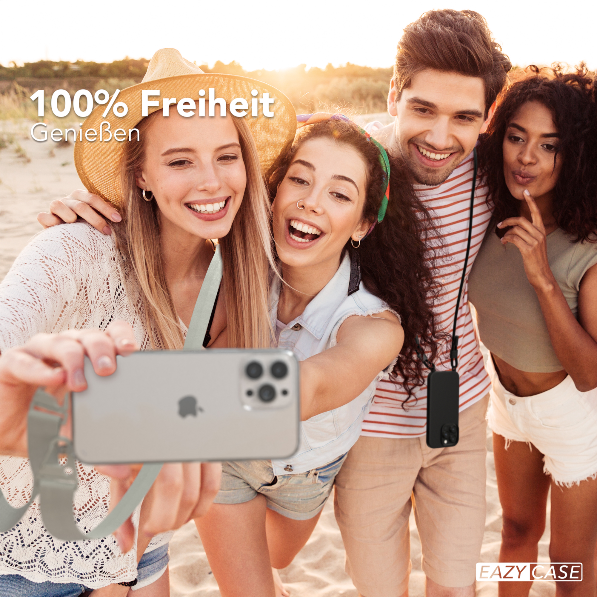 Vier Personen machen ein Selfie mit einem Telefon. Text: '100% Freiheit', also 100% Freiheit.