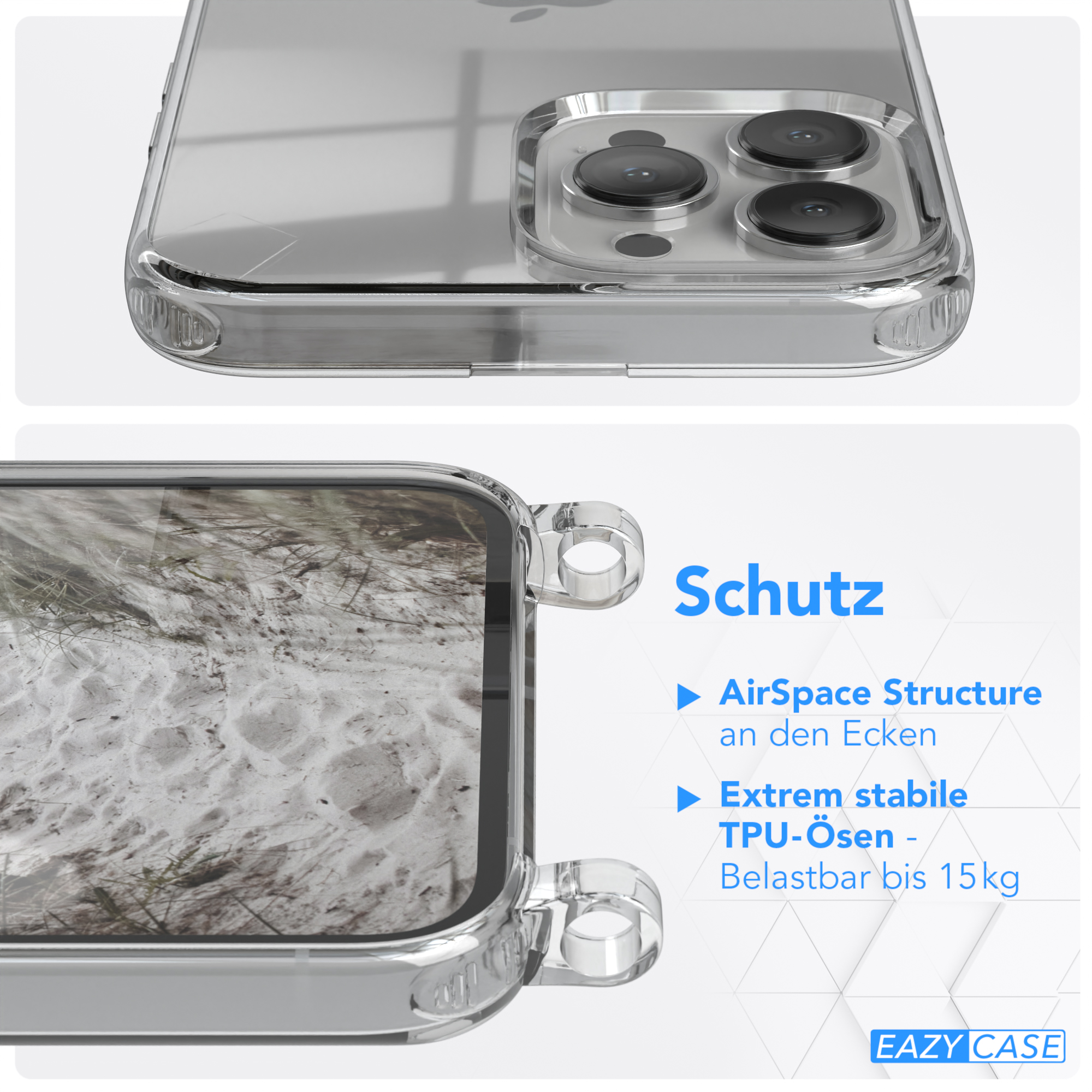 Taupe Umhängetasche, Apple, Beige Pro breiter Handyhülle 13 + Max, Kordel CASE Grau Karabiner, / Transparente iPhone mit EAZY