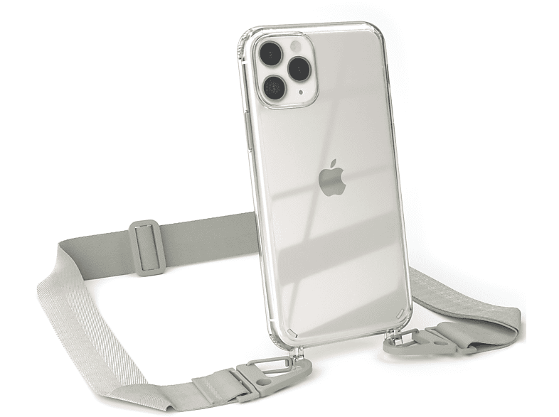 EAZY CASE Transparente Handyhülle + breiter Pro, Karabiner, Umhängetasche, 11 Grau iPhone mit Beige Taupe / Kordel Apple