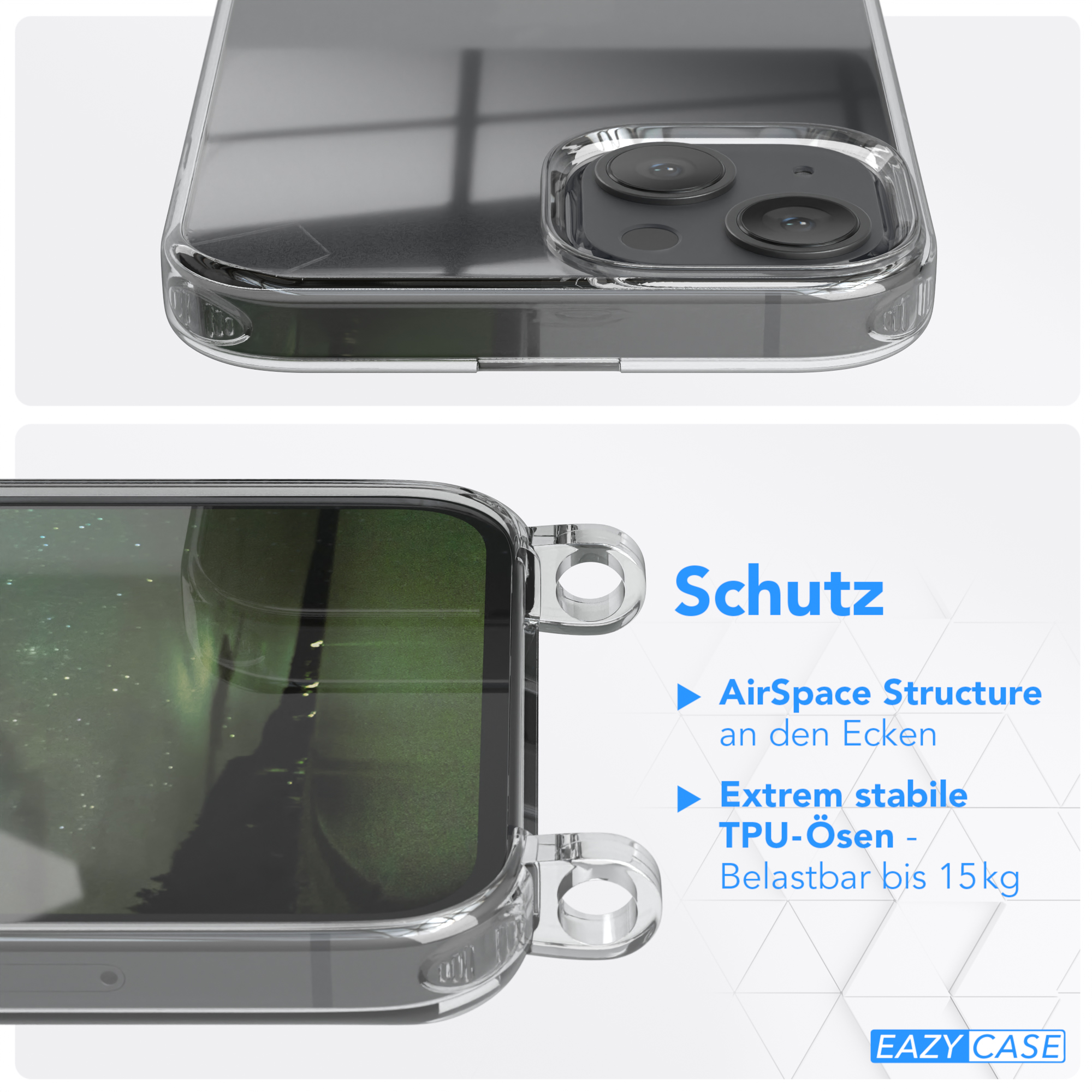 Transparente Handyhülle, Eckenschutz. Text: Schutz, AirSpace Structure, Extrem stabile TPU-Ösen.