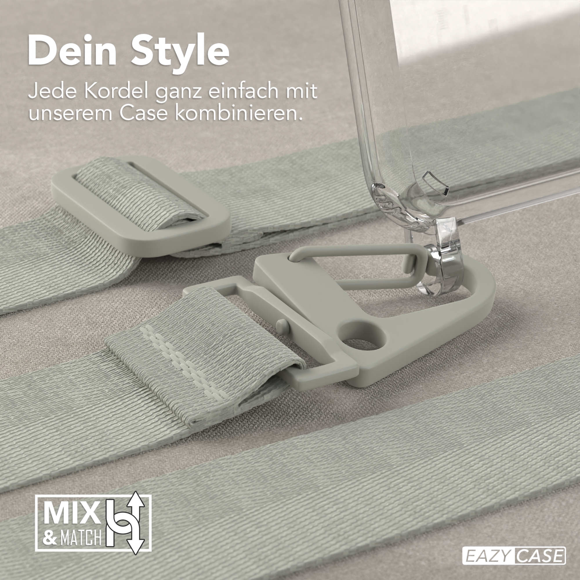 Transparente Handyhülle mit grauen Riemen und Verschluss. Text: Mix & Match, Eazy Case.