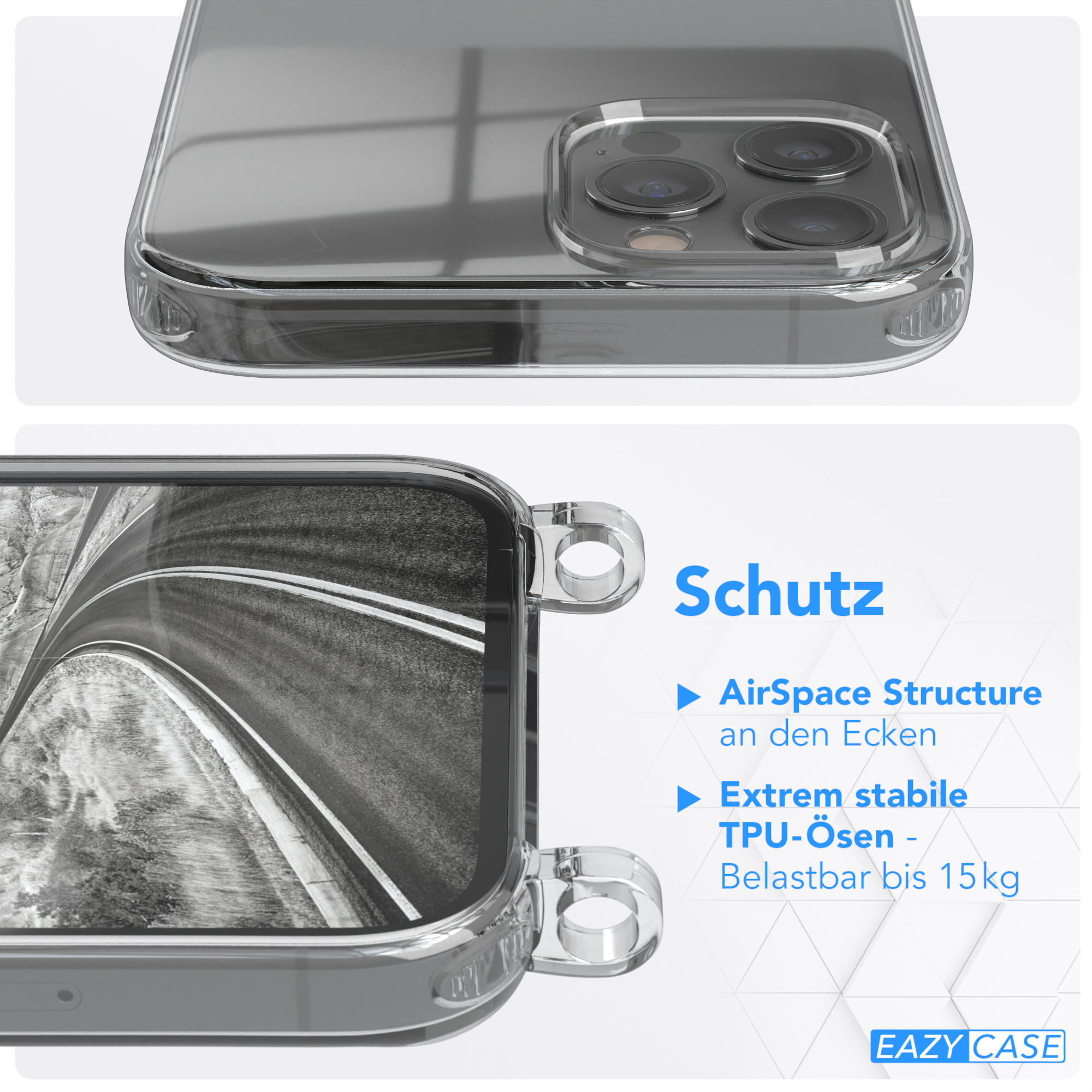 EAZY CASE Transparente Handyhülle Max, / Karabiner, + mit breiter Apple, Silber Umhängetasche, Pro Schwarz iPhone 12 Kordel