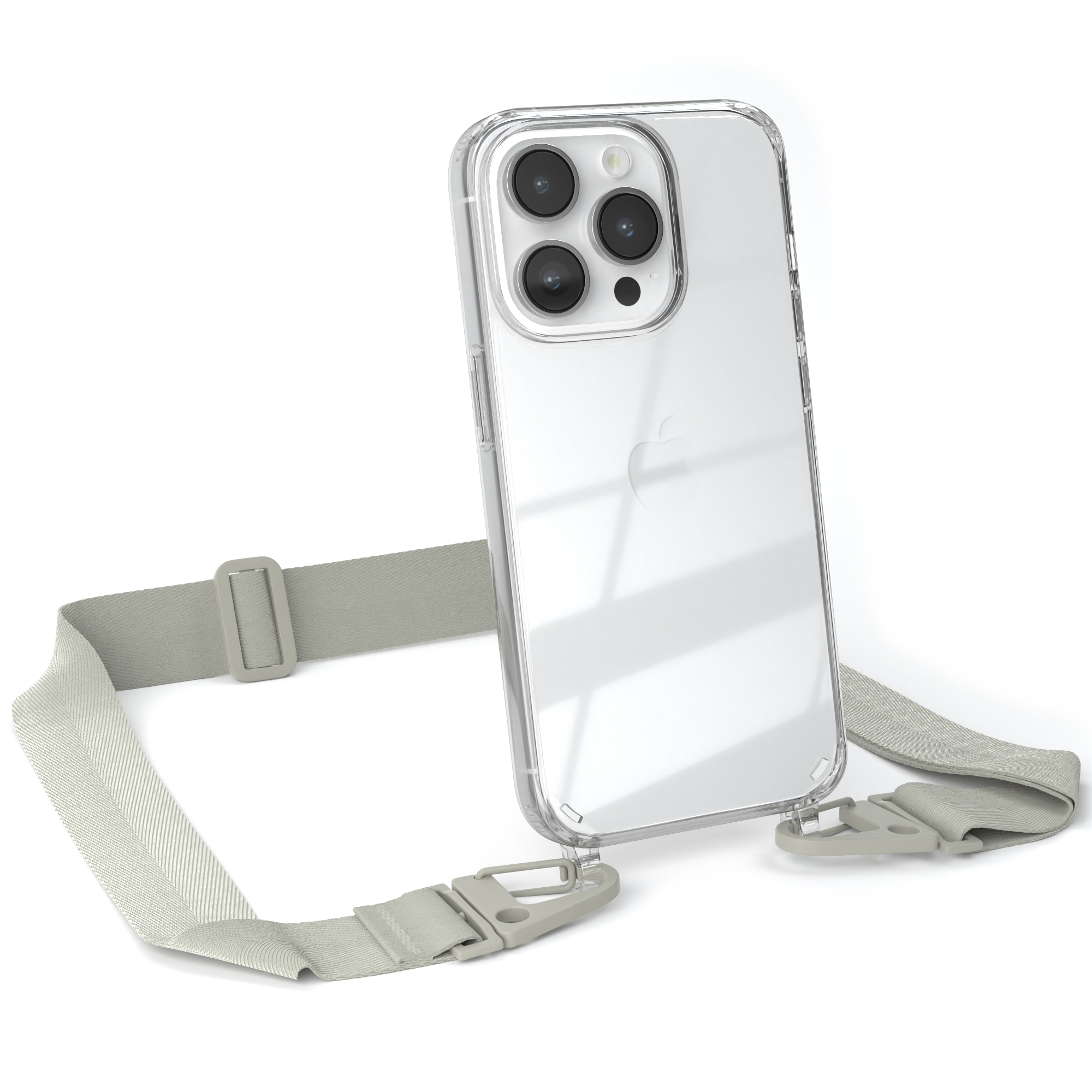 Eine transparente Handyhülle mit einem Riemen, der an einem Telefon befestigt ist. Die Hülle hat einen weißen Hintergrund.