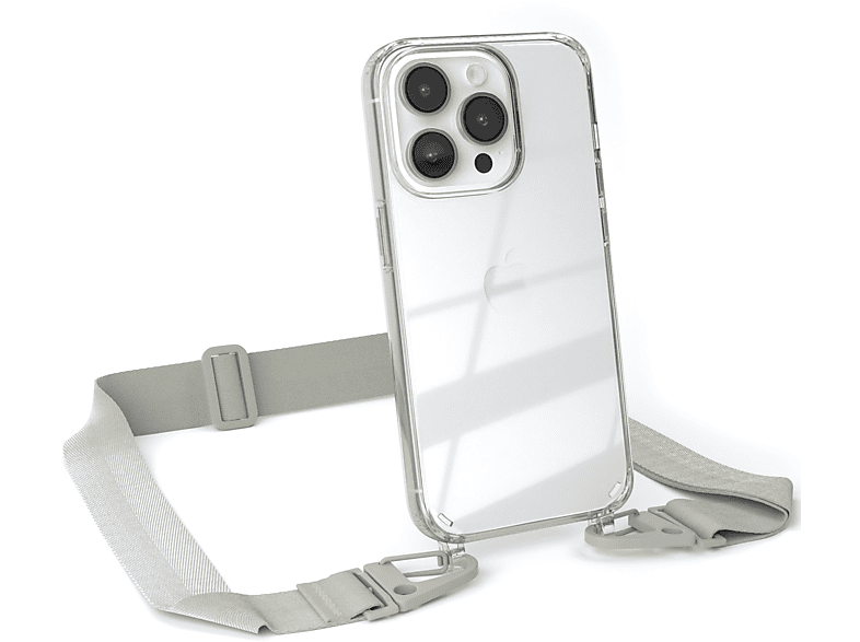 mit EAZY Transparente breiter CASE Handyhülle + Taupe Beige iPhone Karabiner, Umhängetasche, / Pro, Kordel 14 Grau Apple,