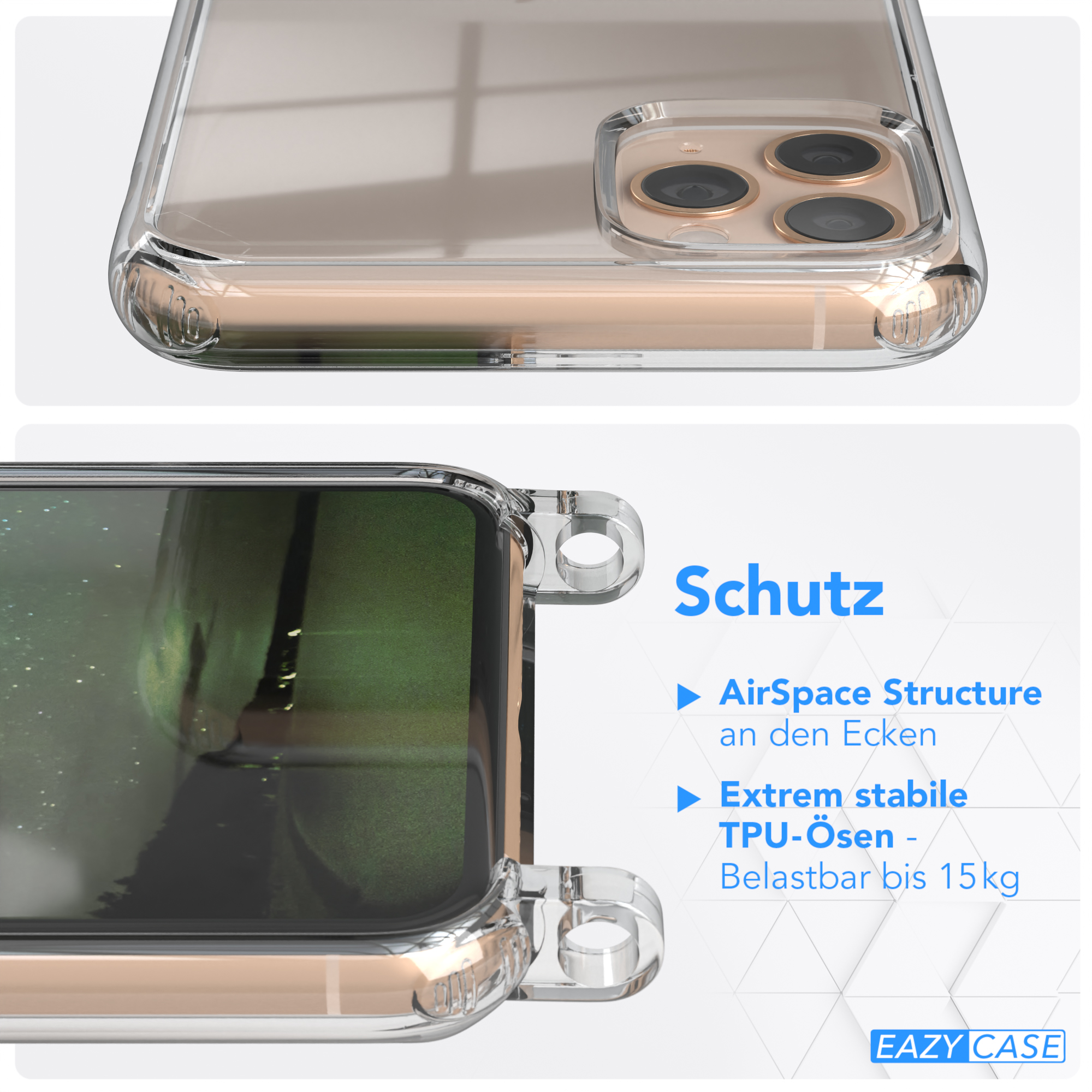 EAZY CASE Umhängetasche, Gold / mit Handyhülle iPhone 11 Transparente Grün + Kordel Karabiner, breiter Apple, Max, Dunkel Pro