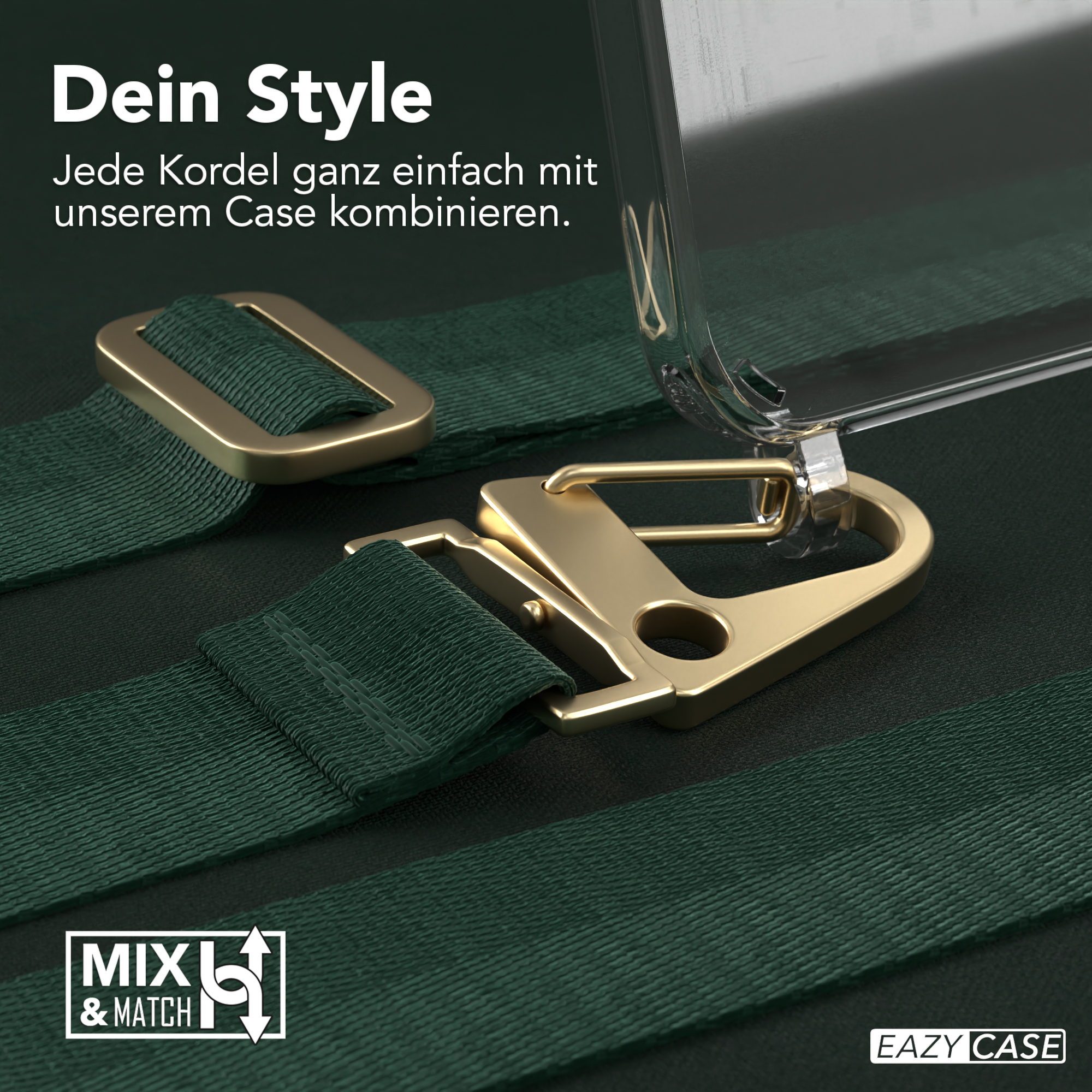 Grüner Gurt und Handyhülle mit goldener Schnalle. Text sagt: Dein Style und MXL & Match.