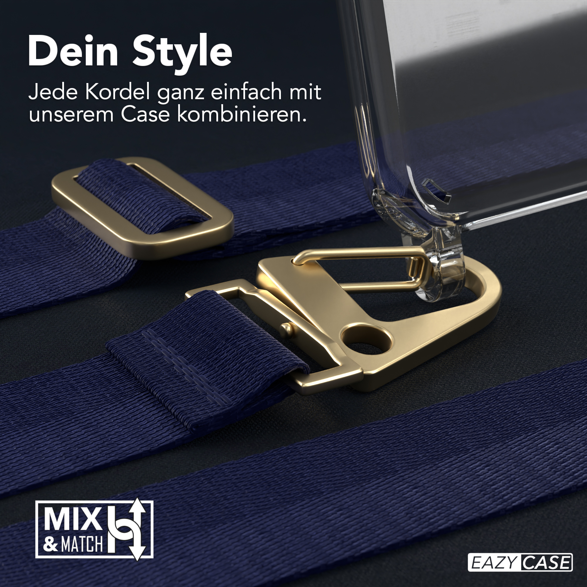 Handyhülle mit blauem Riemen. Text: 'Dein Style', Dein Stil. Goldfarbene Riemenhalter.
