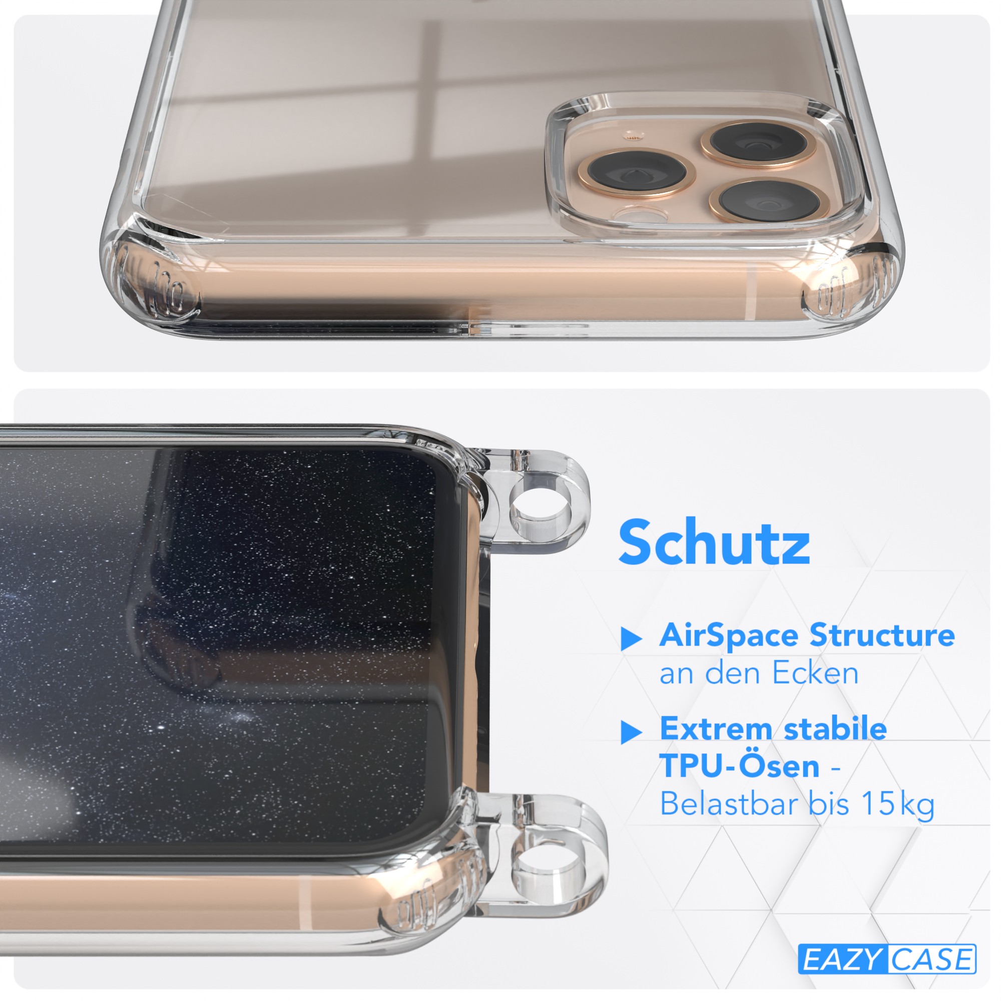 Dunkel Transparente Kordel Blau Apple, mit Umhängetasche, 11 Karabiner, / Pro breiter Handyhülle + EAZY CASE Max, Gold iPhone
