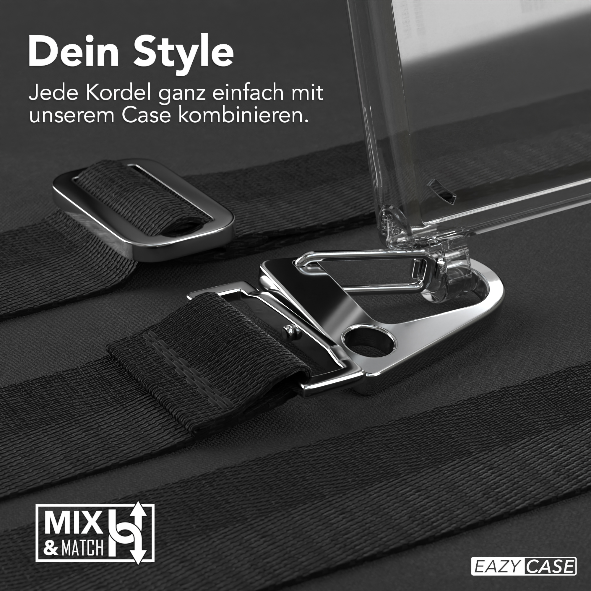 Schwarzes Kordelgehäuse mit silbernem Verschluss. Durchsichtige Hülle im Hintergrund. 'MXL & MATCH' Logo.