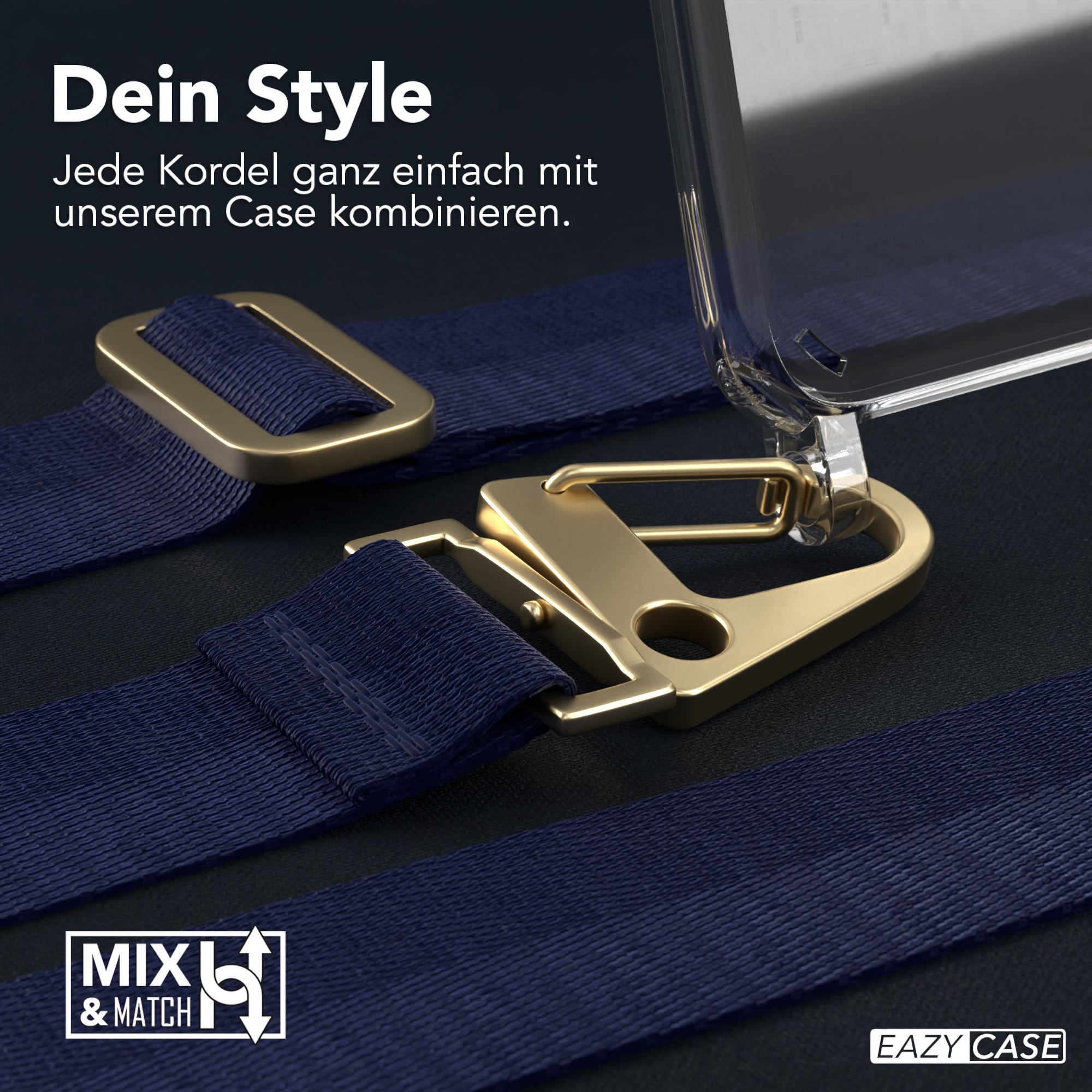 Nahaufnahme einer Handyhülle mit blauem Riemen und goldenen Verschlüssen, Mix & Match.