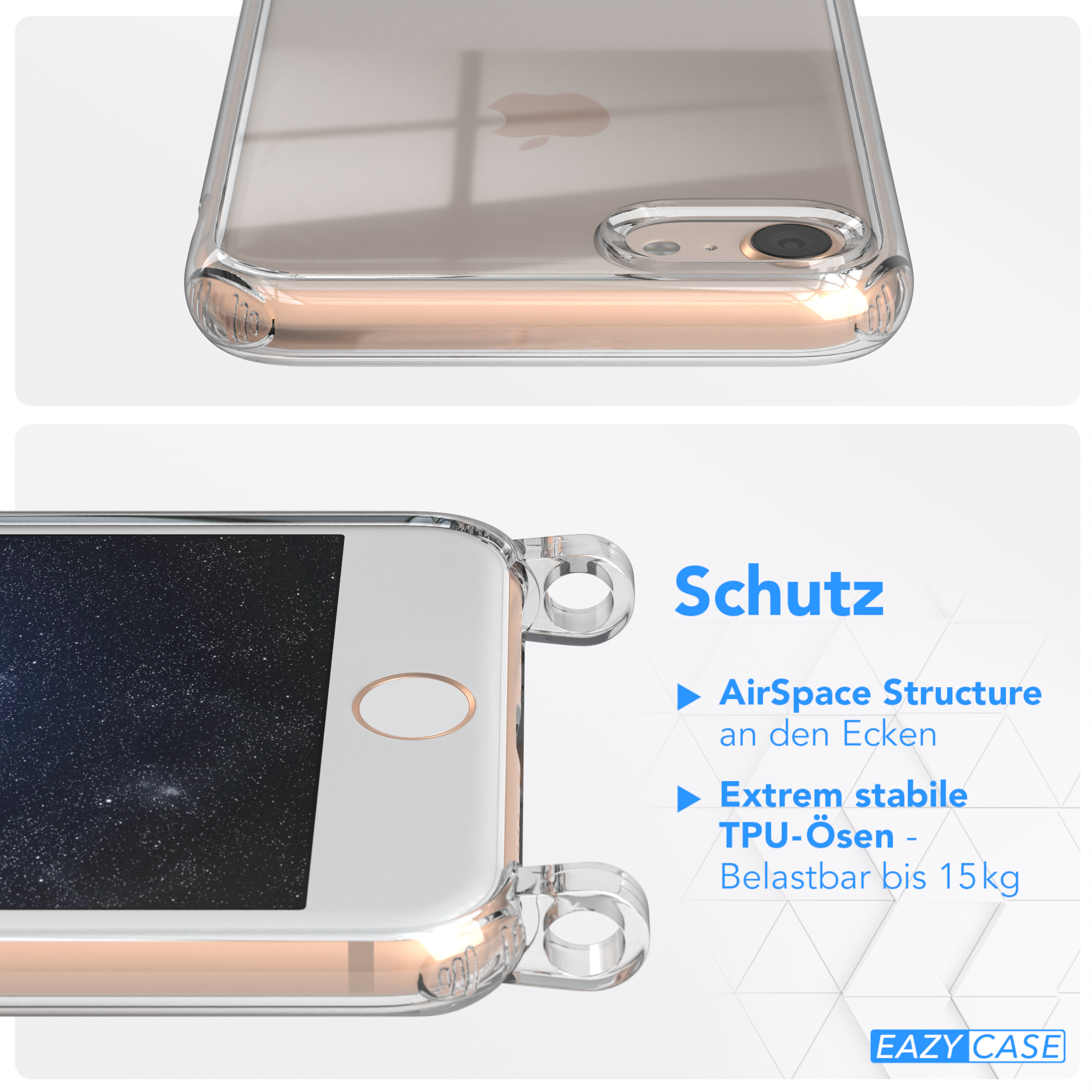 Telefon mit klarer Hülle, Nahaufnahme der Ecken. Text: AirSpace Structure an den Ecken.