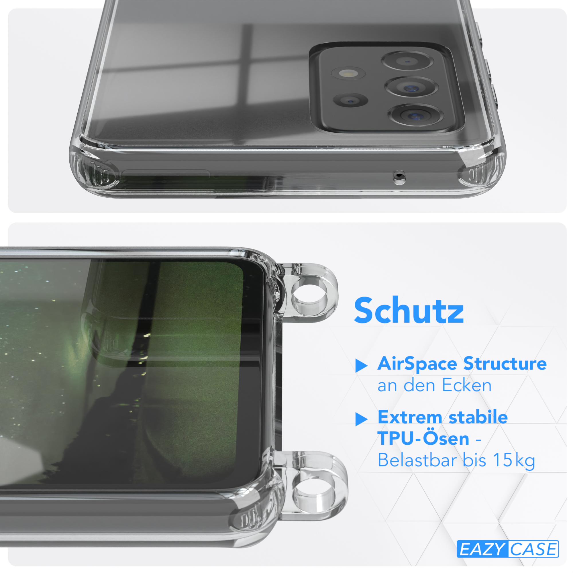 Nahaufnahme der Handyhülle mit klarem Design, zeigt Schutzfunktionen und Markennamen.