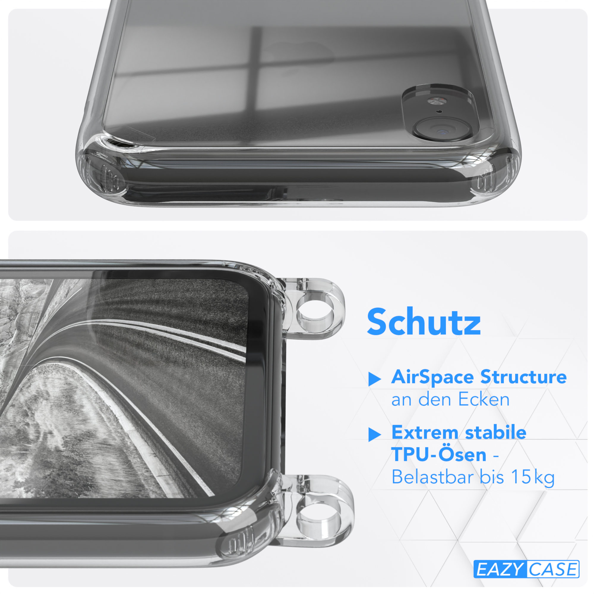 Detail der Handyhülle mit Text 'Schutz', hervorhebung AirSpace Structure und TPU-Ösen. EAZY CASE Logo.