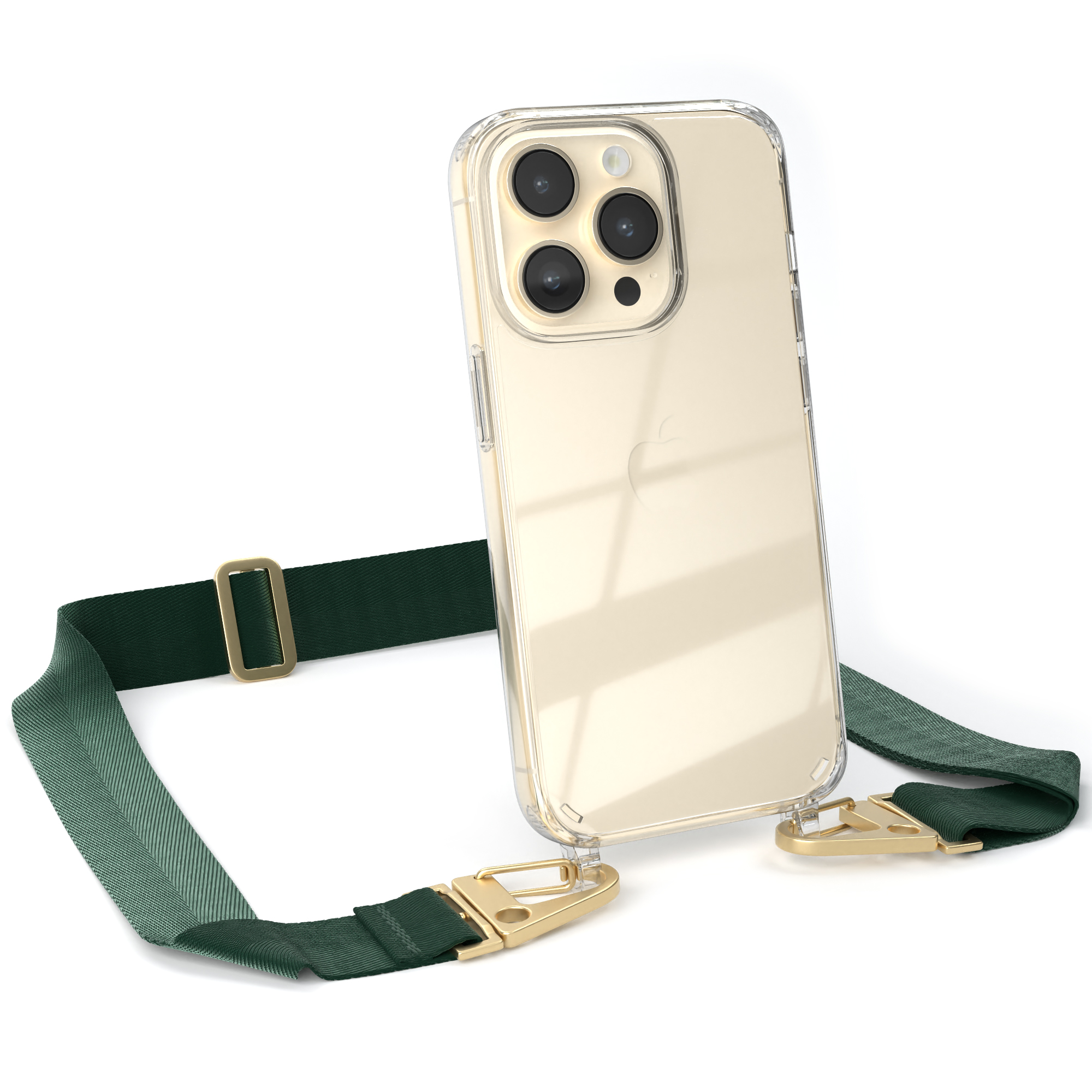 Eine Handyhülle mit Trageriemen. Der Riemen ist grün. Das Telefon ist in der Hülle.