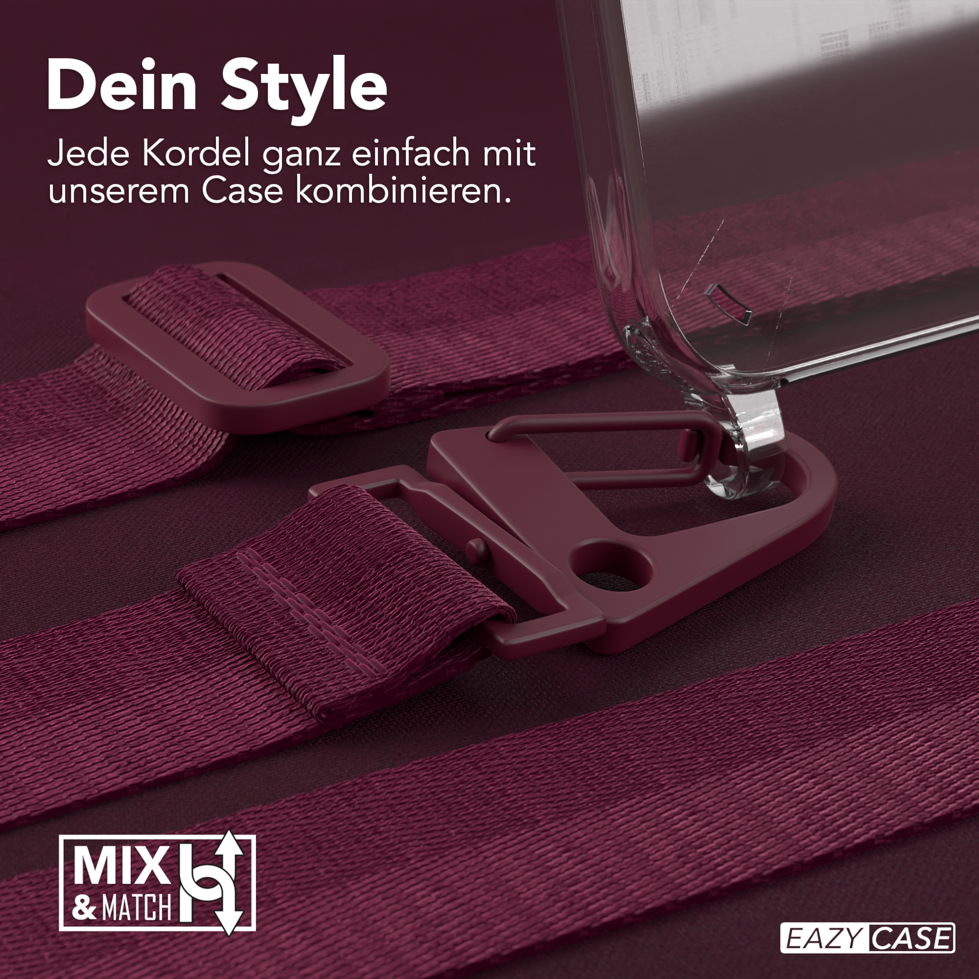 Burgunderfarbener Riemen und transparente Handyhülle mit Schnalle und Verbindung.