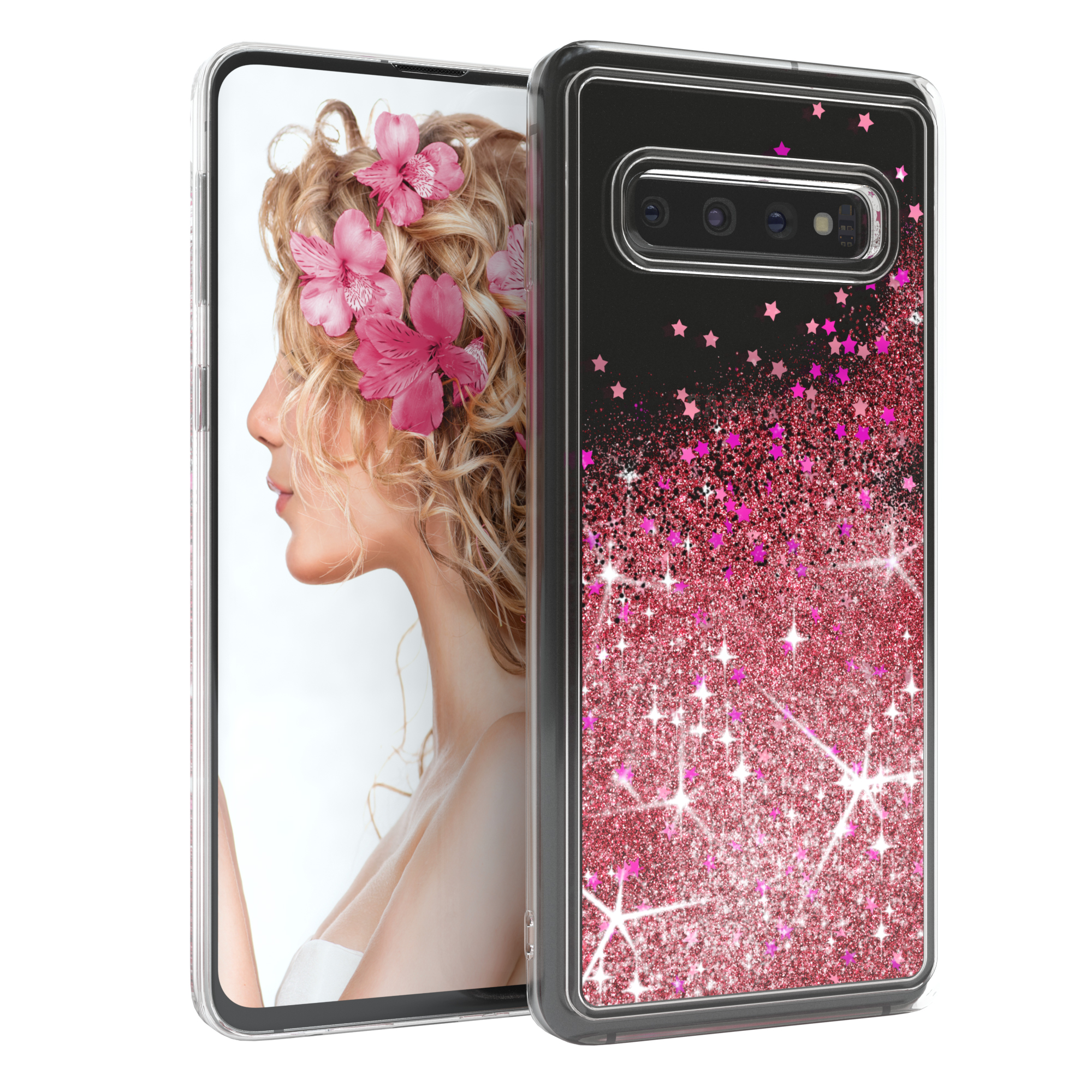 Handyhülle mit rosa Glitzersternen. Frau mit rosa Blumenkrone auf dem Bildschirm.