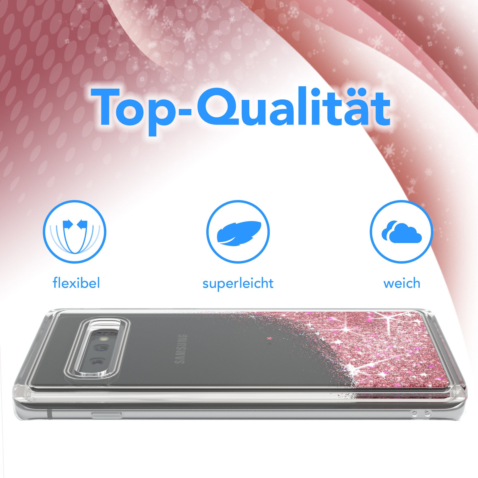 Eine transparente Handyhülle mit pinkfarbenem Glitzer an der Seite. Der Hintergrund ist weiß und gold.