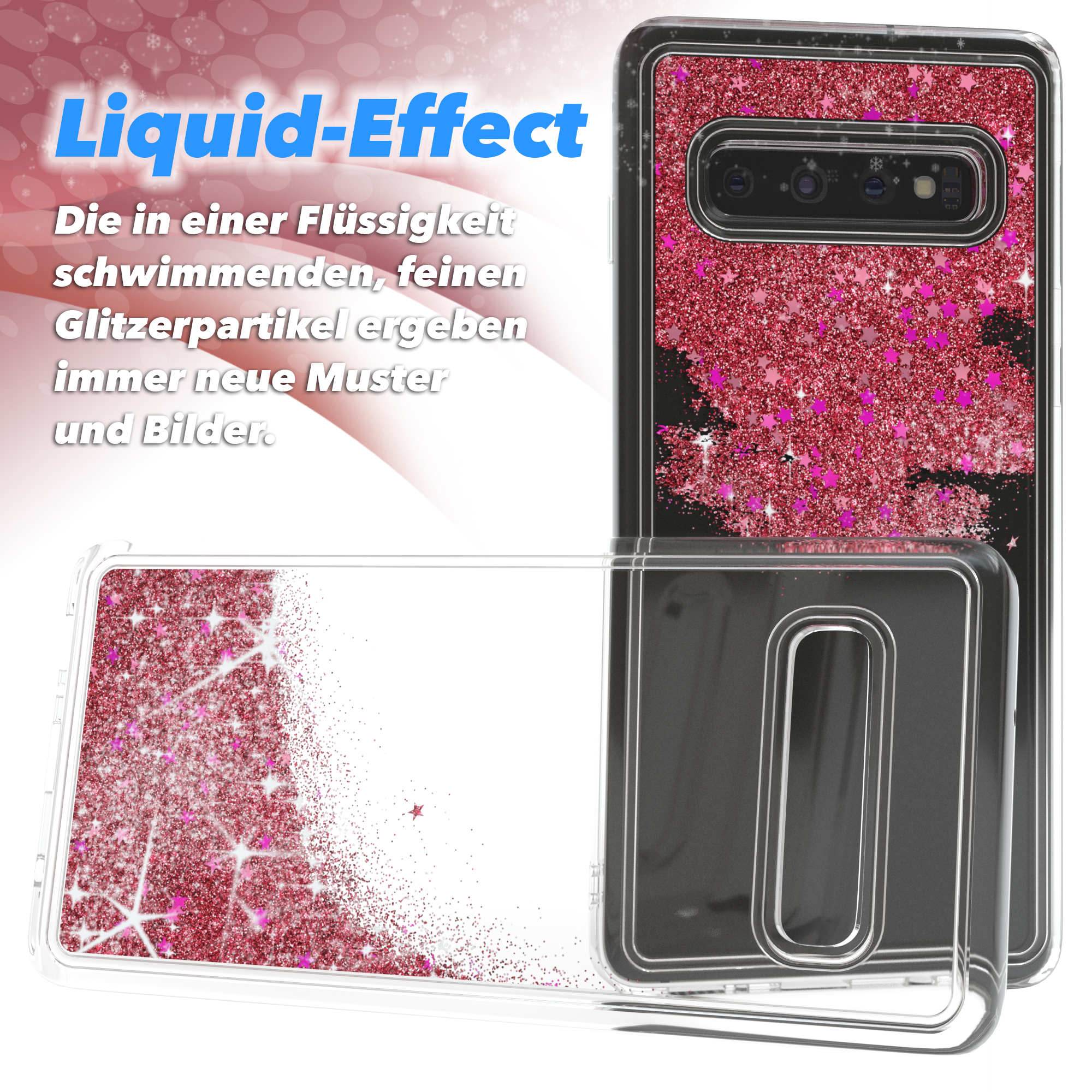Handyhülle mit rosa Glitzer. Text: Liquid-Effect, wirbelnder Glitzer erzeugt neue Muster.