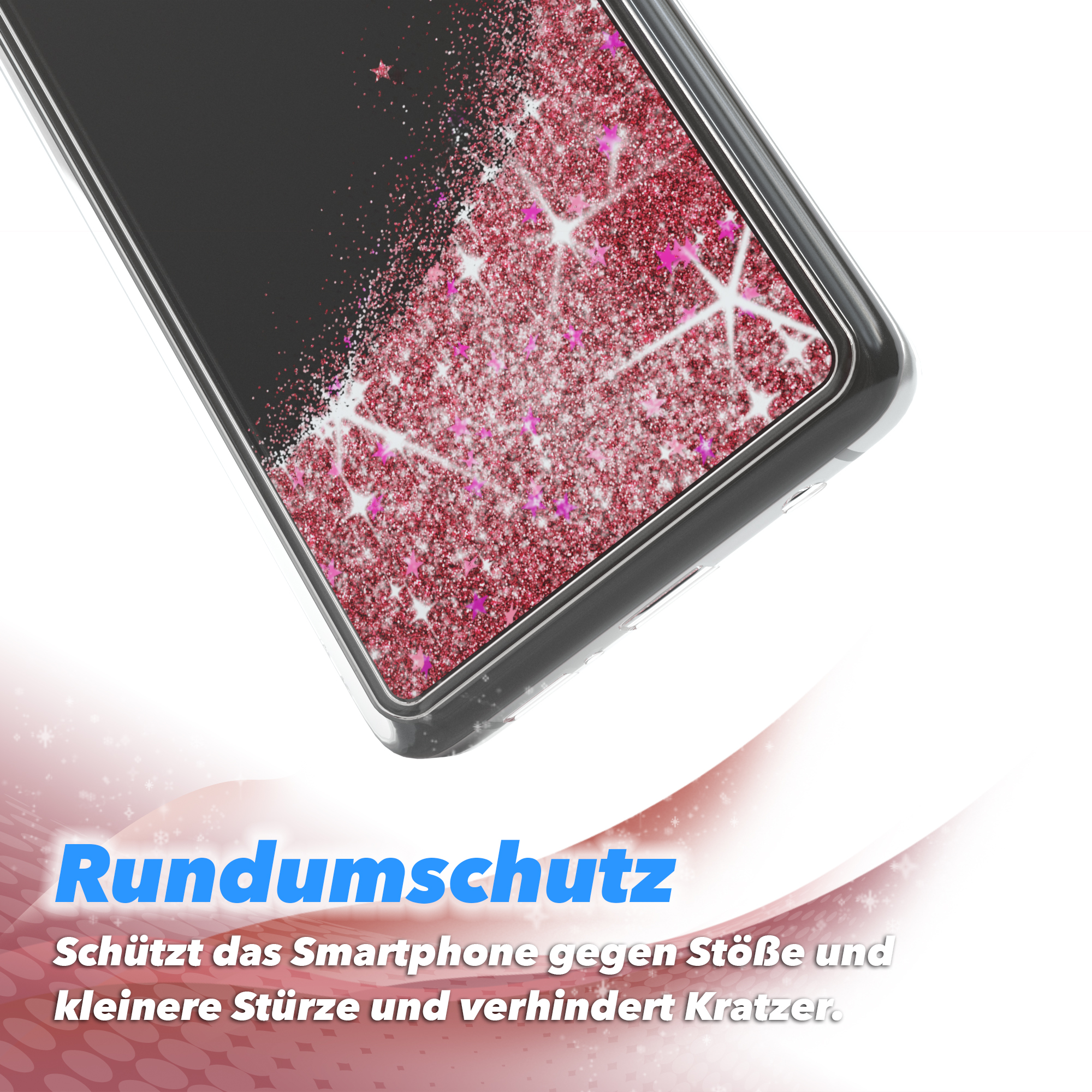 Nahaufnahme der Handyhülle mit rosa Glitzer. Schützt vor Stößen, Stürzen und Kratzern.