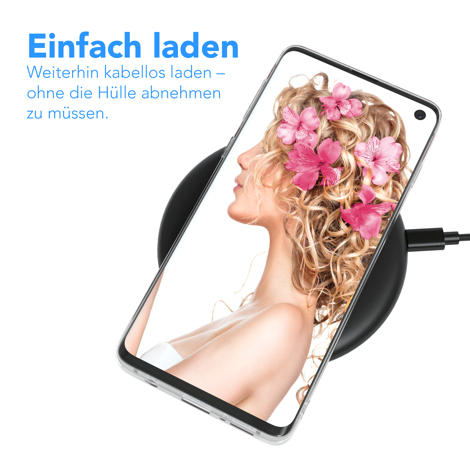 Telefon auf kabellosem Ladegerät. Bildschirm zeigt Frau mit Blumen. Schwarzes Ladegerät auf weißem Hintergrund.