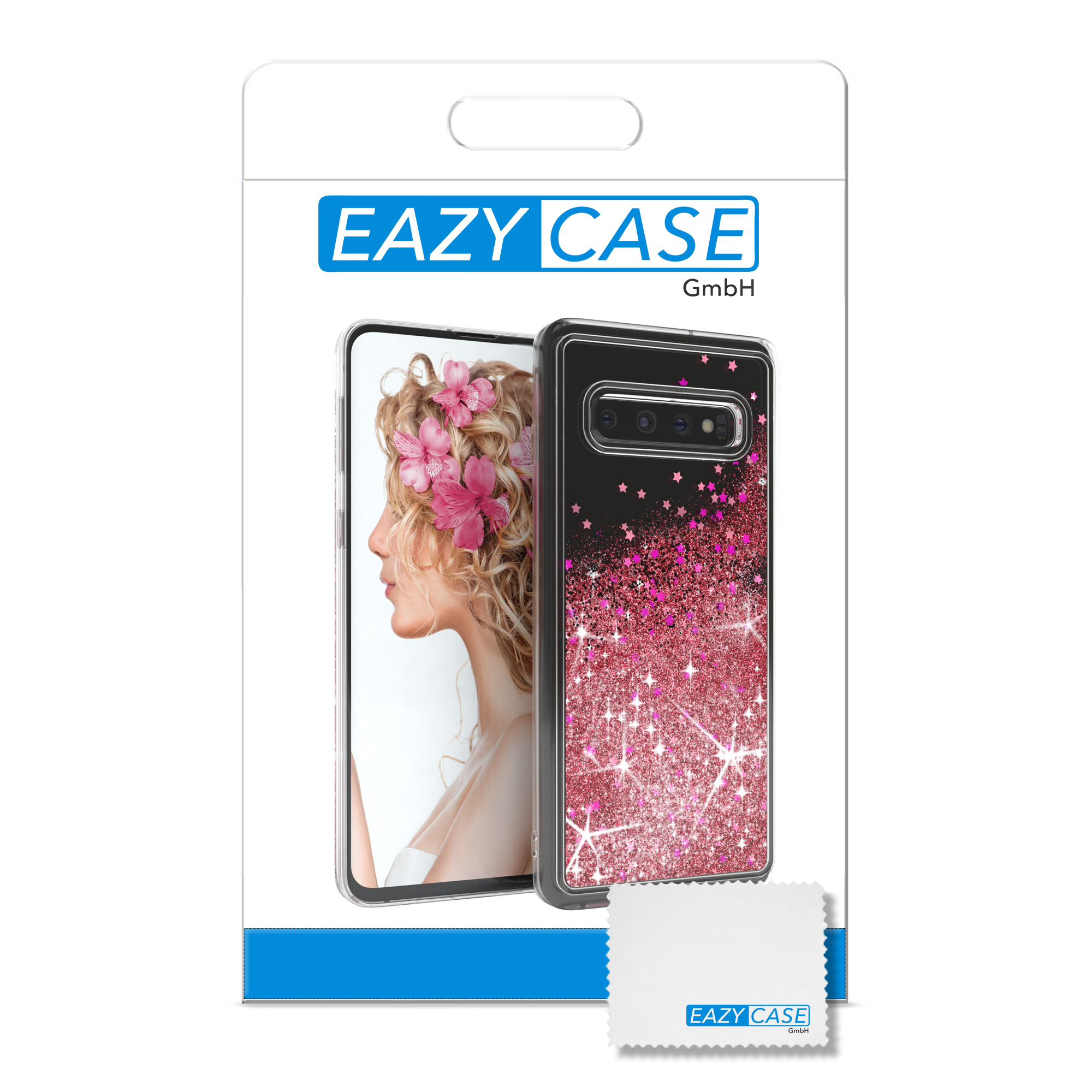 Eine Handyhülle in einer Verpackung, mit einem Frauengesicht und rosa Glitzerdesign auf der Hülle.