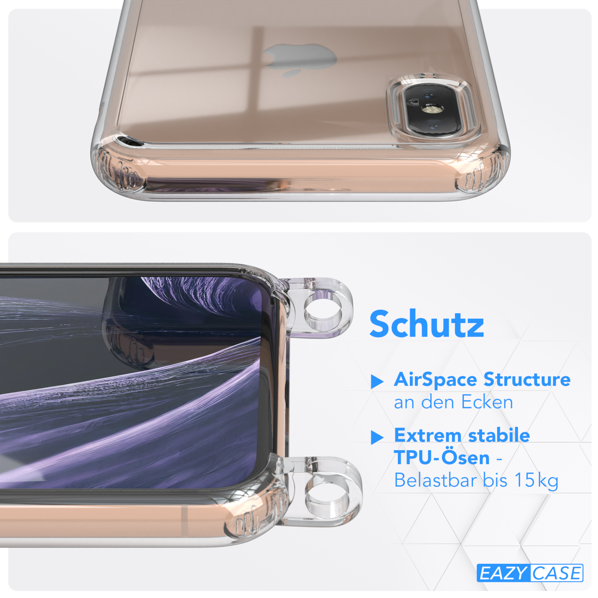 / breiter / iPhone XS, Kordel mit Gold Handyhülle X Umhängetasche, Flieder Transparente CASE EAZY Karabiner, Apple, +