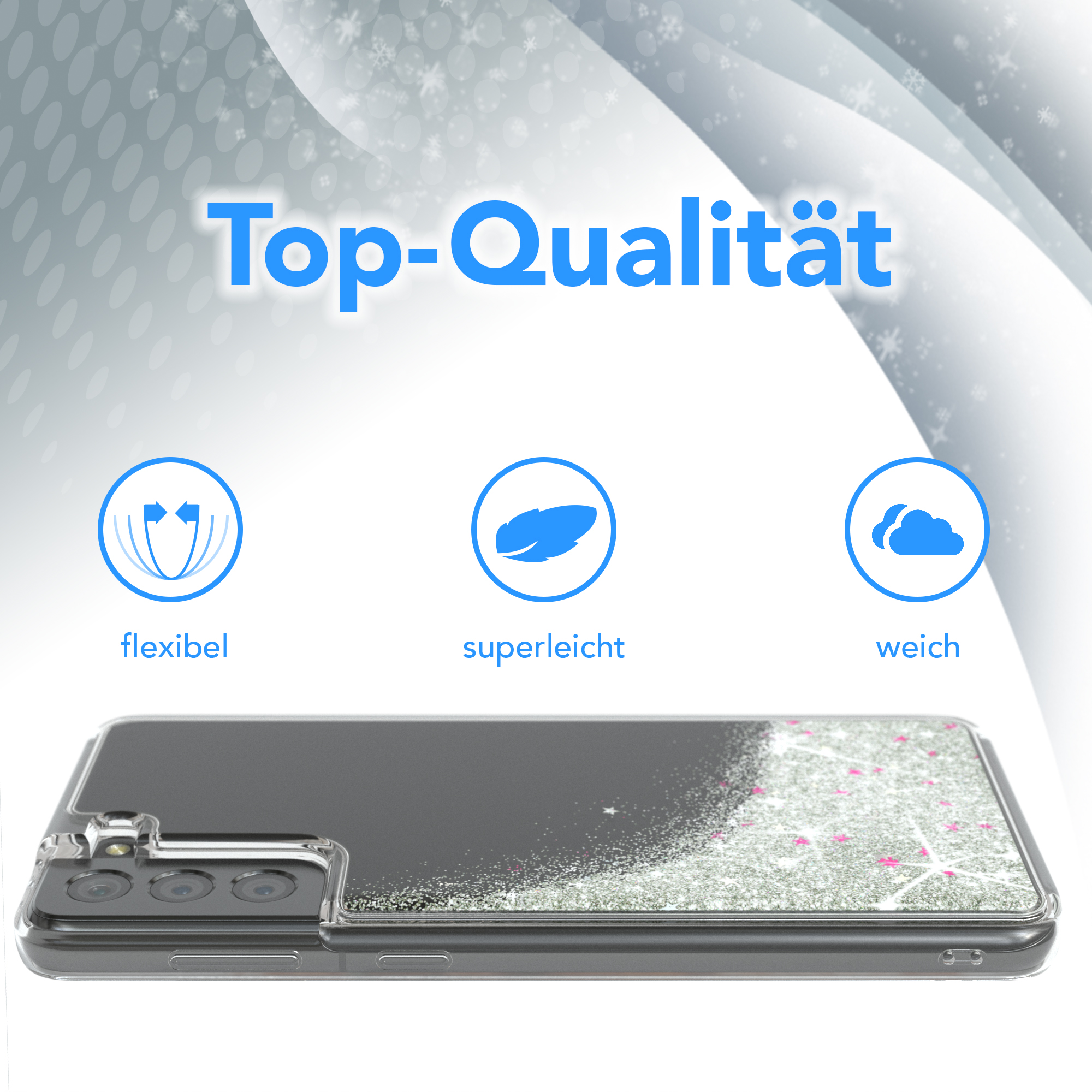 Eine Handyhülle mit glitzerndem Design, mit Symbolen für flexibel, leicht und weich.