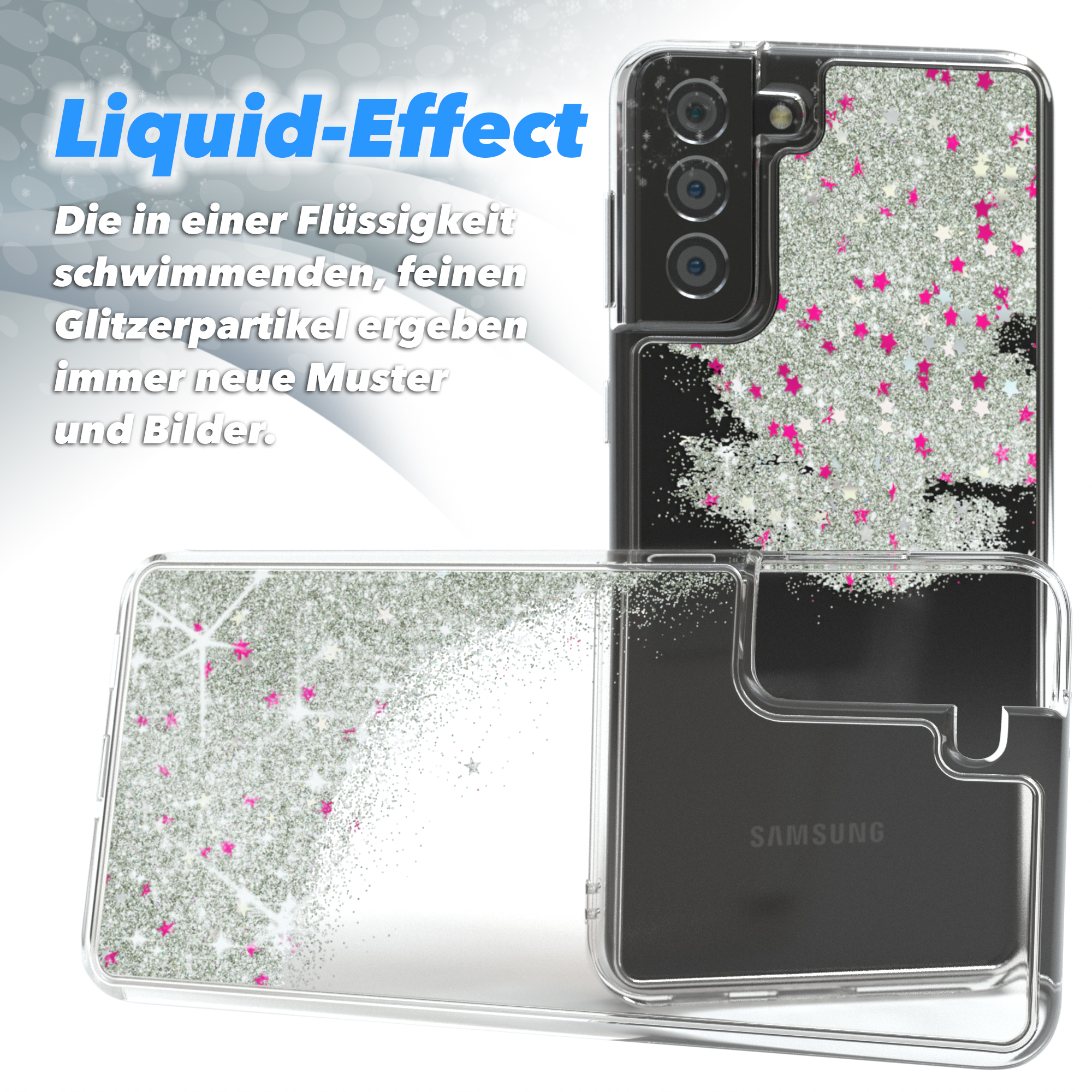 Smartphone mit transparenter Hülle und Glitzerdesign. Die Hülle hat silbernen Glitzer und rosa Sterne. Das Telefon wird gezeigt.