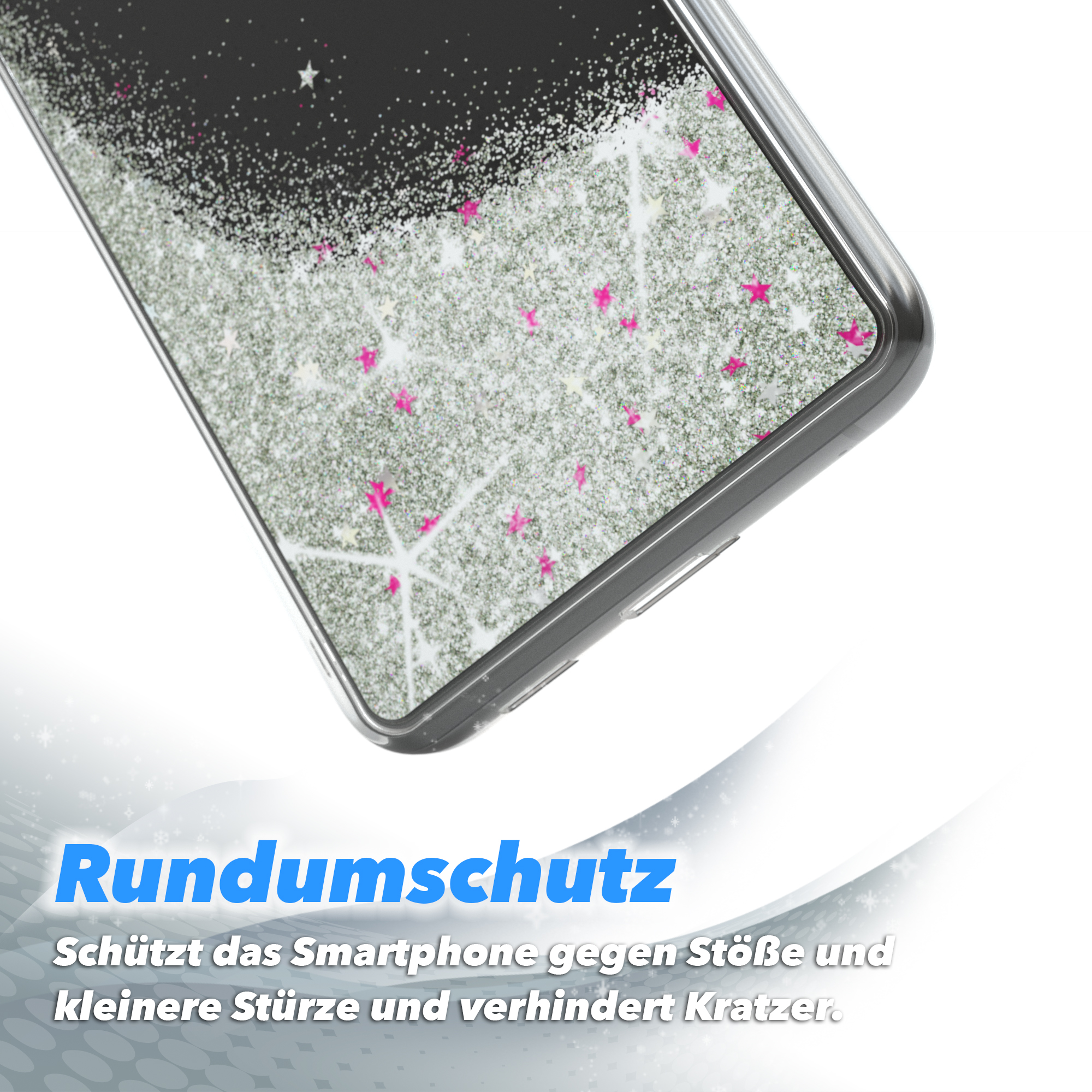 Transparente Handyhülle mit silbernem Glitzer. Der Text besagt, dass es das Smartphone vor Stößen und Kratzern schützt.