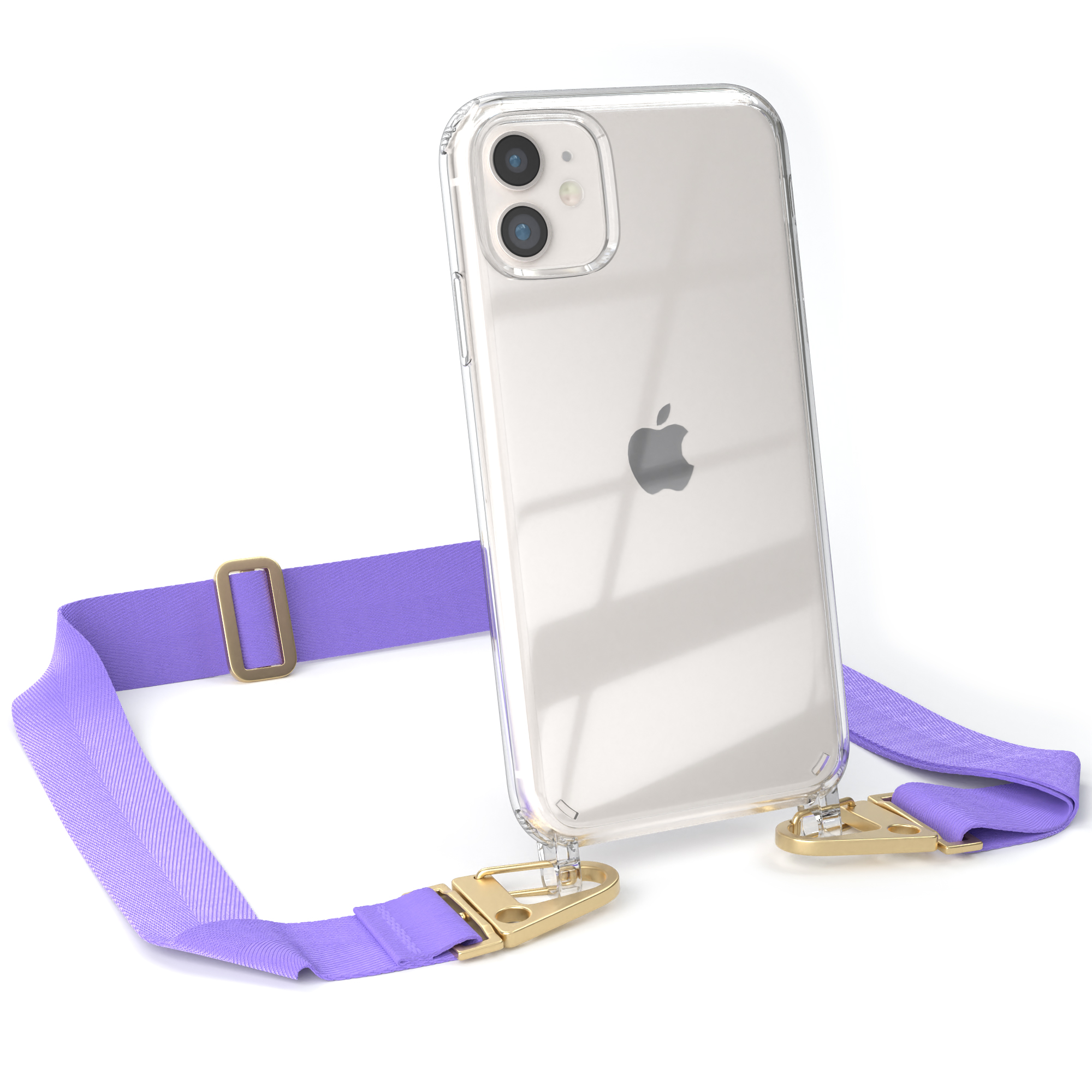Eine transparente Telefonhülle mit lila Riemen und einem Telefon.