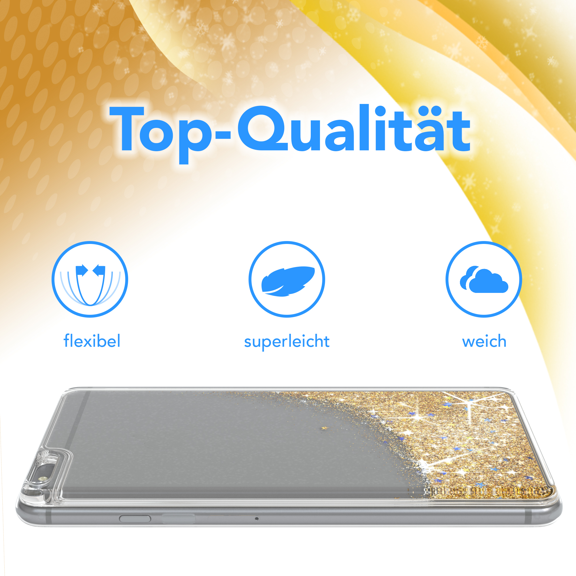 Handyhülle mit Goldglitzer. Das Telefon befindet sich in einer transparenten Hülle.