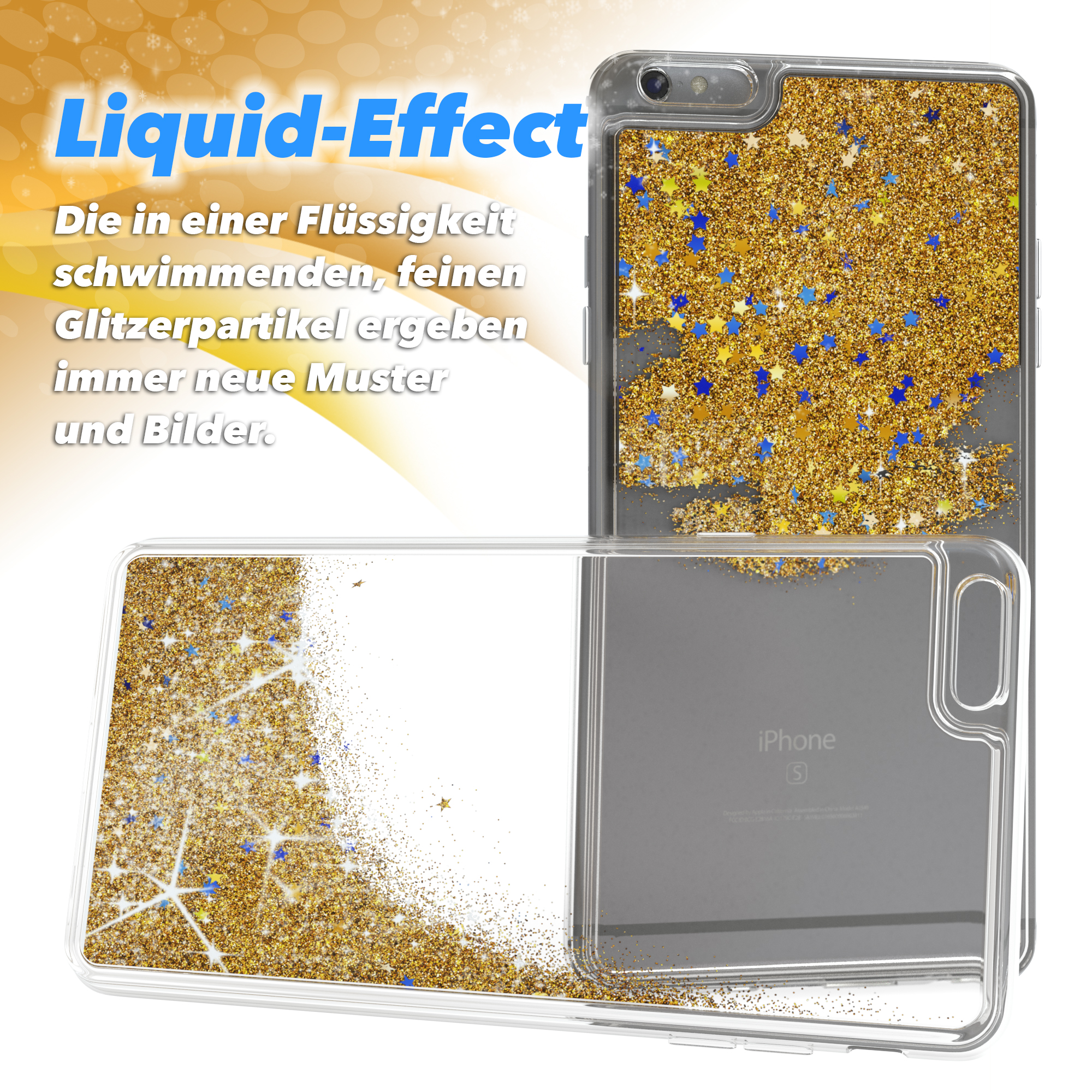 Transparente Handyhülle mit goldenem Glitzer und Sternen, Flüssigkeitseffekt, zeigt zwei Teile.