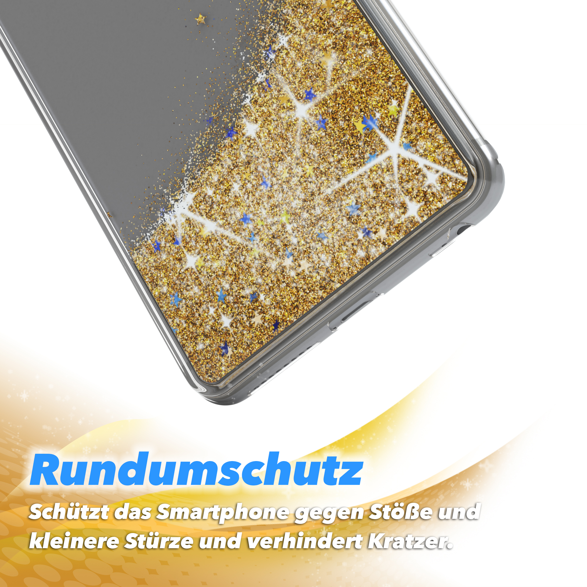 Handyhülle mit goldenem Glitzer und Sternen. Text unten.