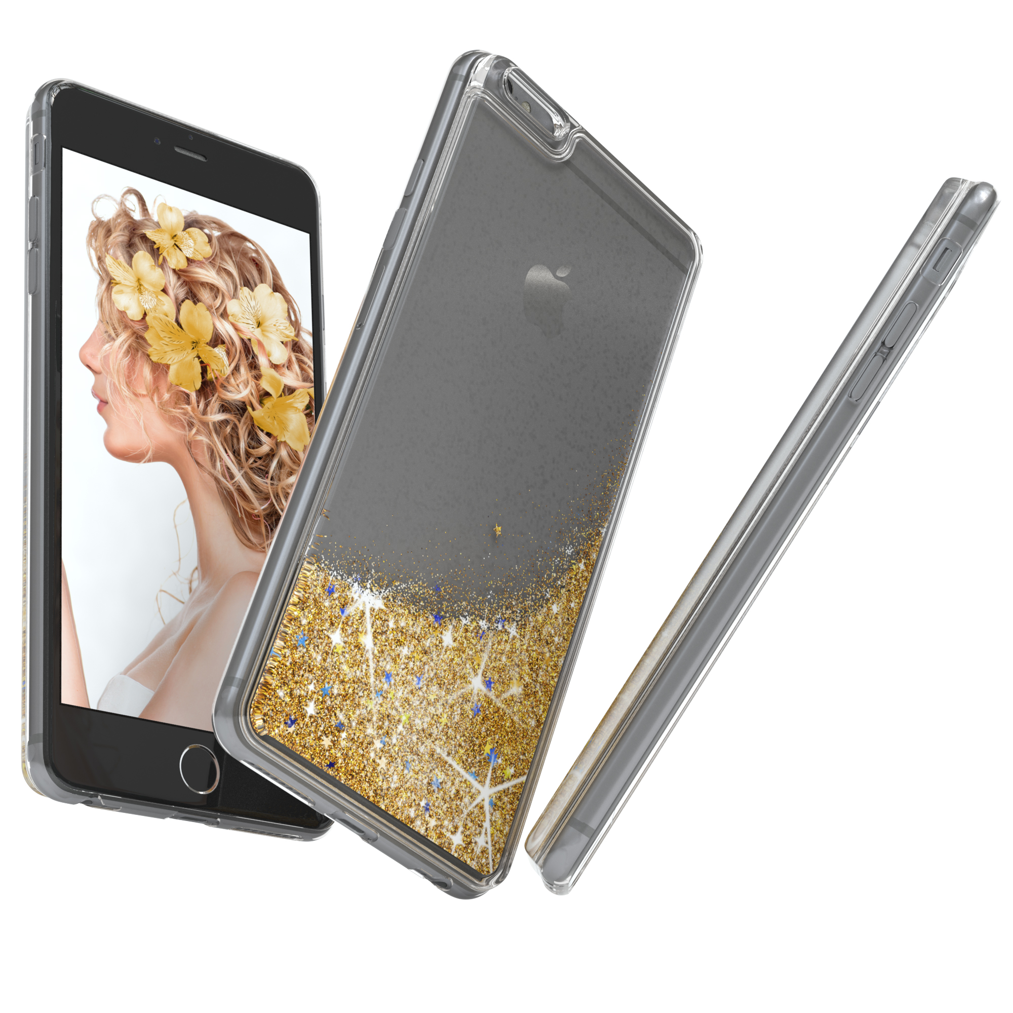 Eine Handyhülle mit goldenem Glitzer und blauen Glitzer. Auf dem Bildschirm ist ein Frauenbild. Der Hintergrund ist weiß.
