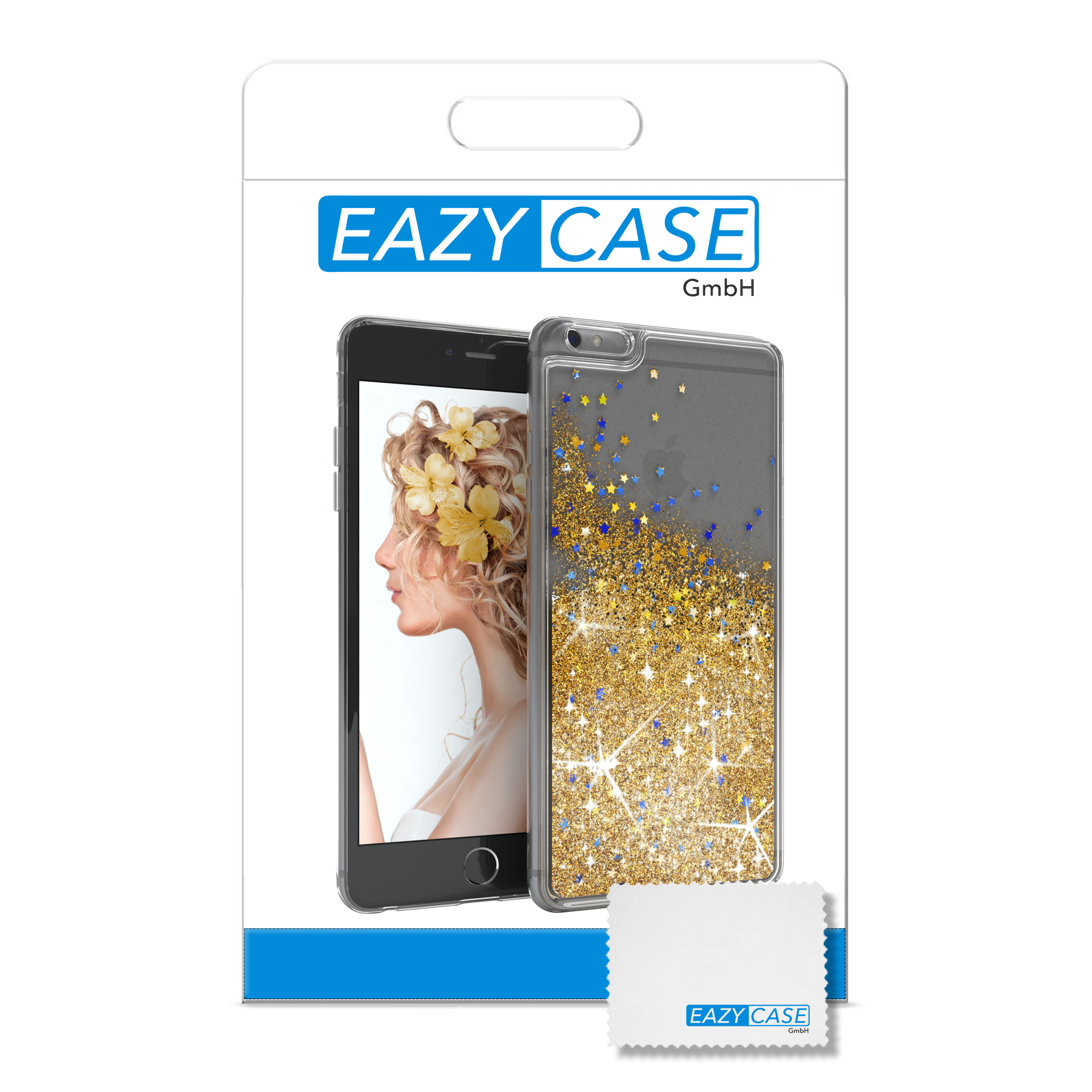 Ein Telefon in einer Hülle mit Frauengesicht und goldenen Sternen. Es ist in einer Verpackung, mit einem Reinigungstuch.