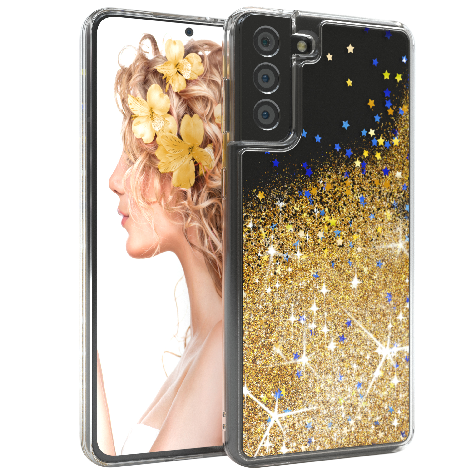 EAZY Backcover, Samsung, S21 Gold Plus 5G, Flüssig, Galaxy Glitzerhülle CASE