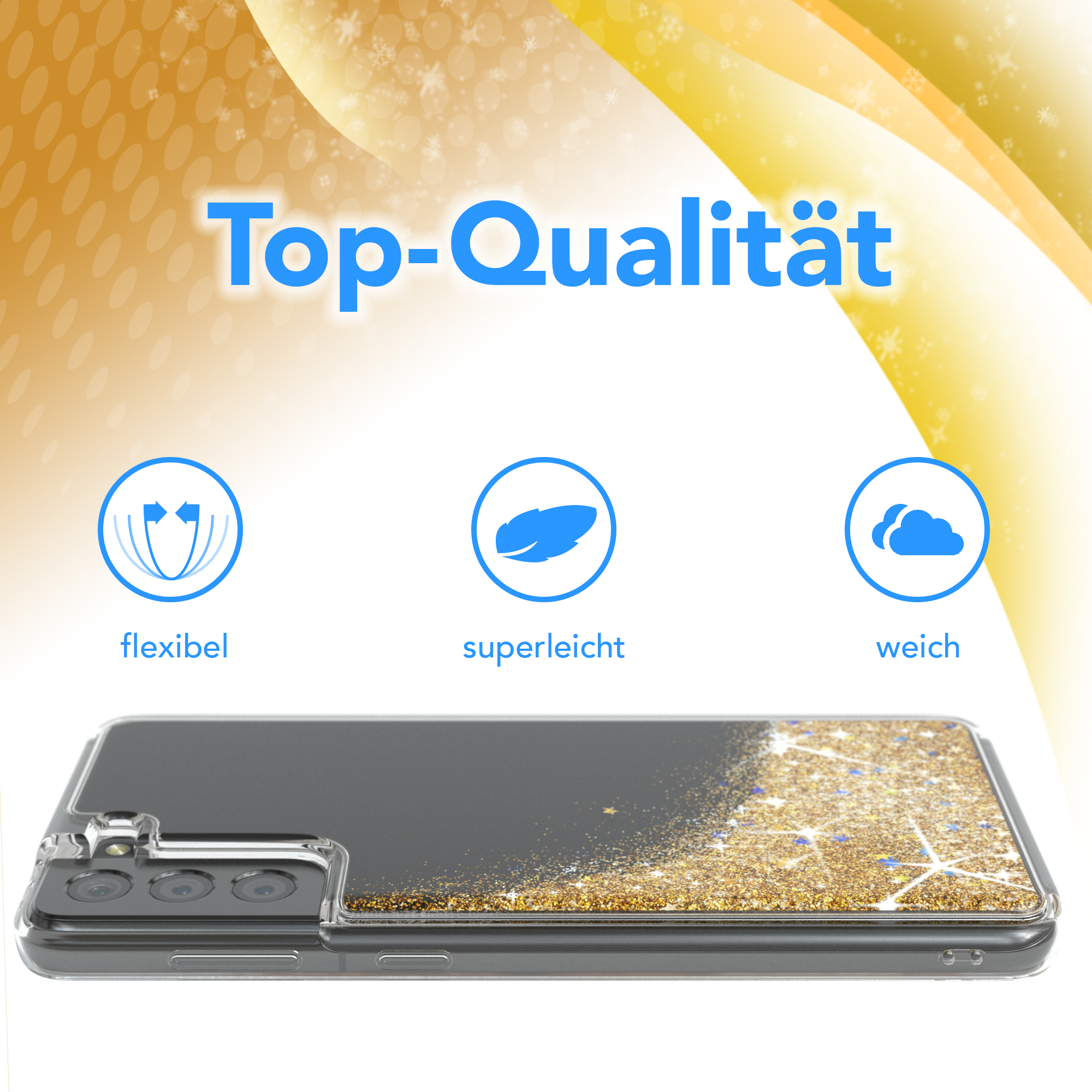 Handyhülle mit goldenem Glitzerdesign. Text: Top-Qualität, flexibel, superleicht, weich.