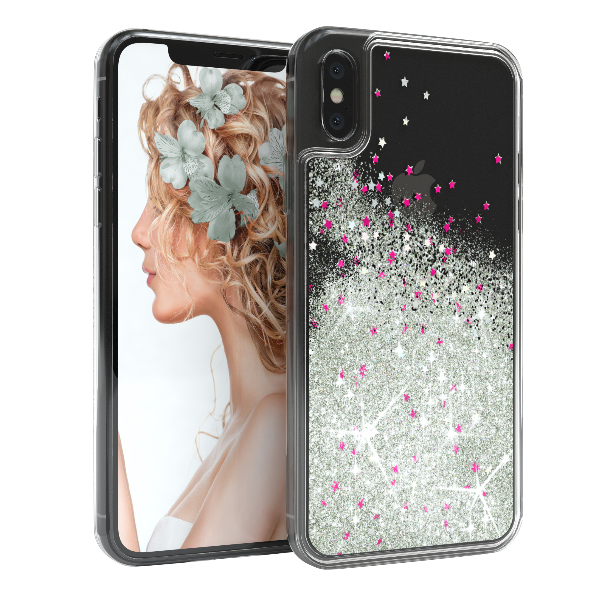 Handyhülle mit Flüssigkeitsglitter. Telefon links, Frauenprofil im Hintergrund.
