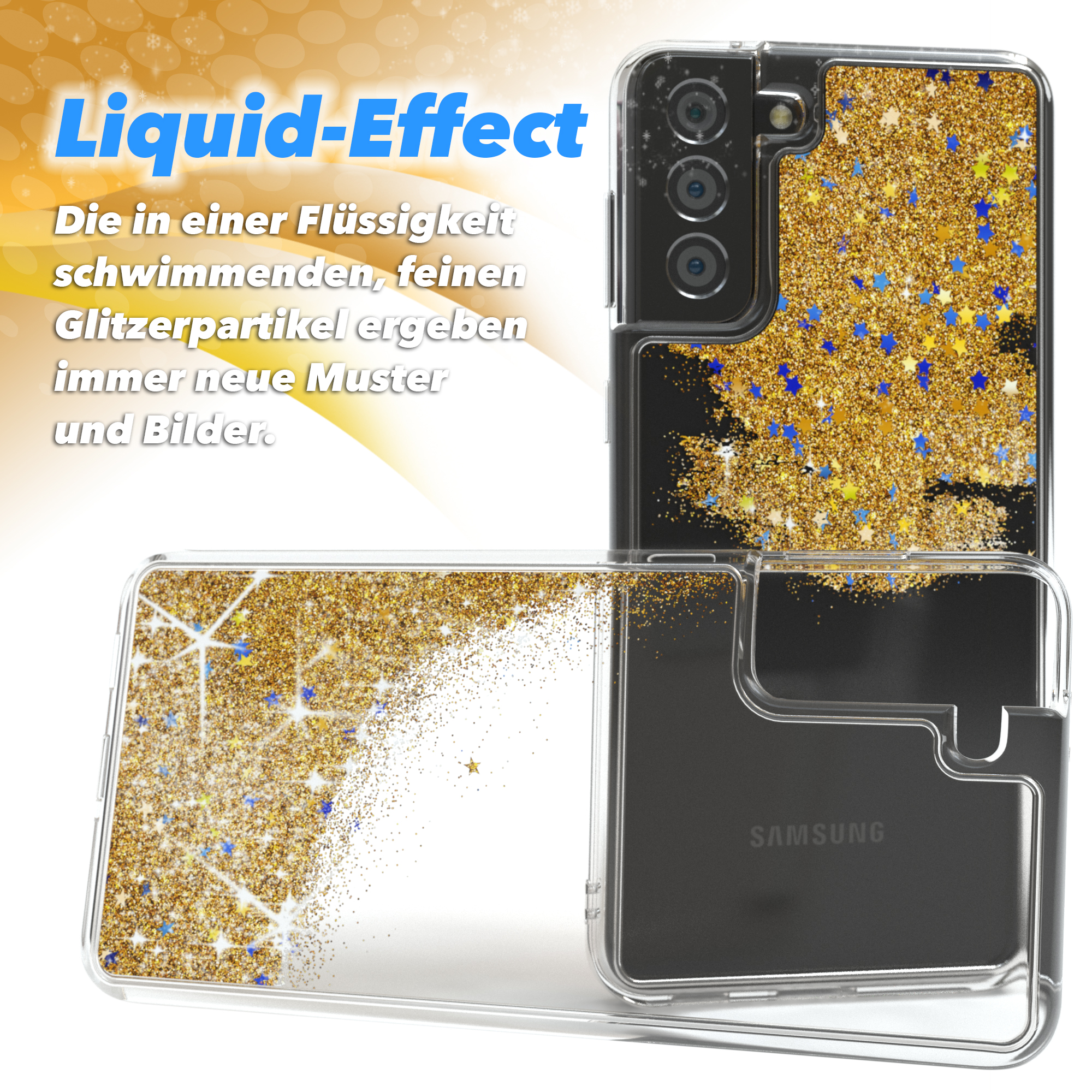 Transparente Handyhülle mit goldenem Glitzer und Sternen. Die Hülle befindet sich auf hellem Grund.