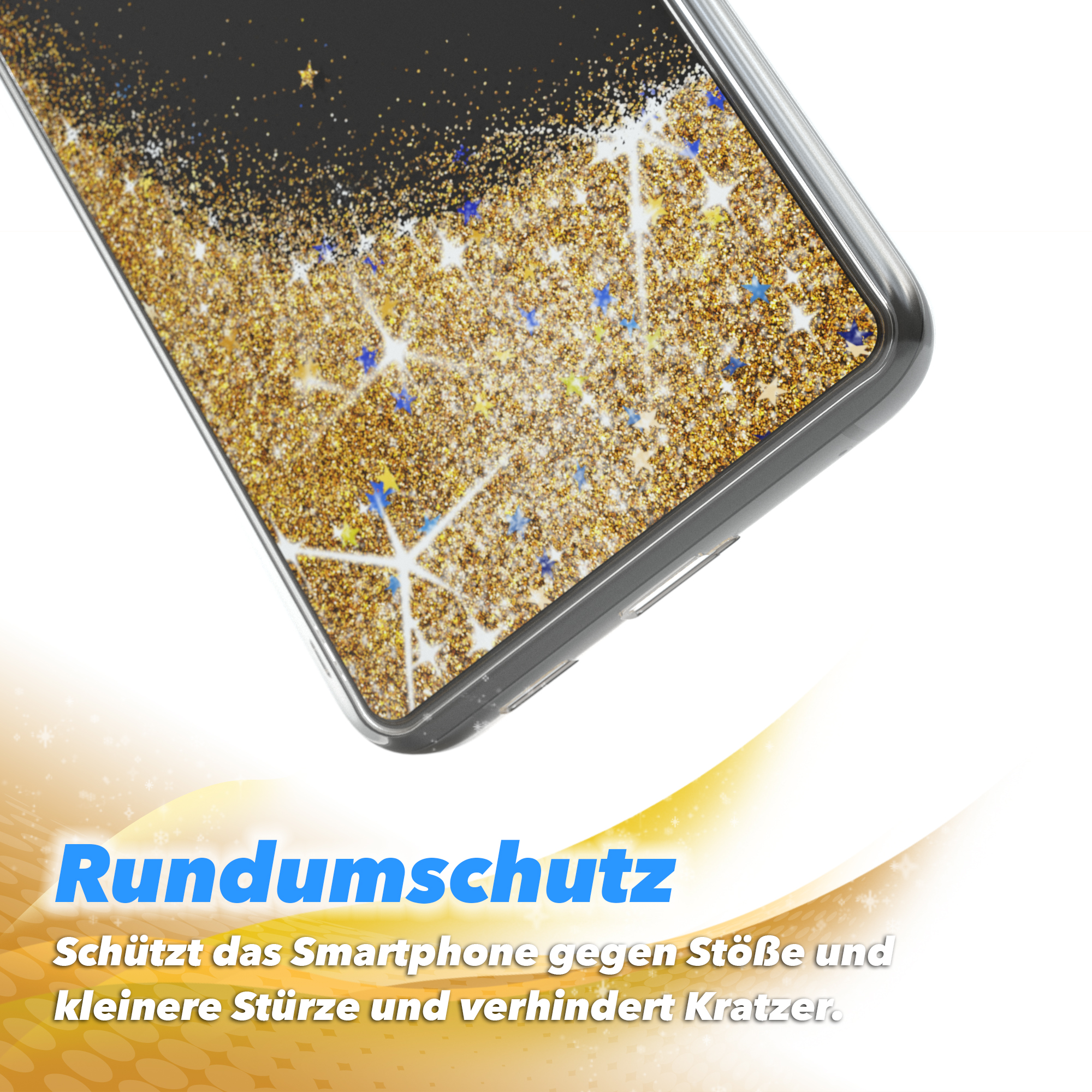 Nahaufnahme einer Telefontaschenecke. Klare Hülle mit Goldglitzer, Sternen. Weißer und gelber Hintergrund.