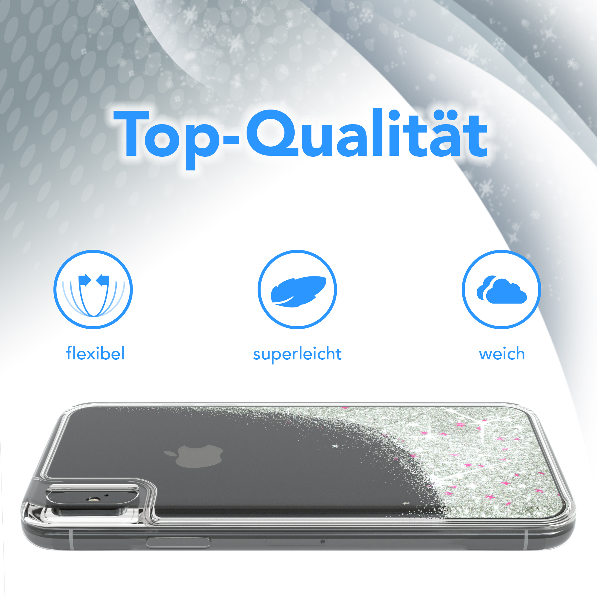 Handyhülle mit goldenem Glitzer. Text: 'Top-Qualität'. Icons für flexibel, leicht und weich.