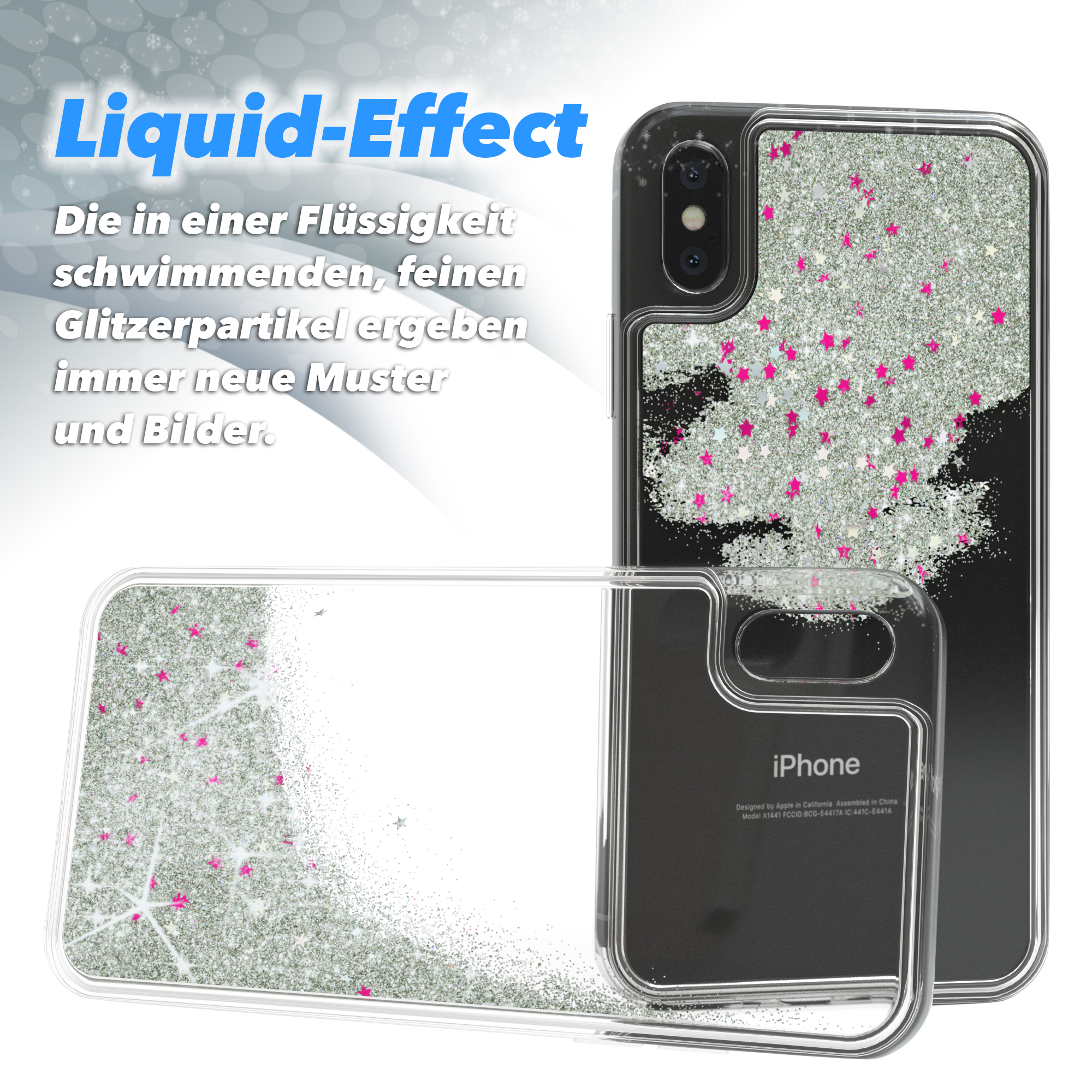 Handyhülle mit Flüssigglitzer-Effekt. Silberne Glitzersterne und Partikel auf schwarzem Grund.