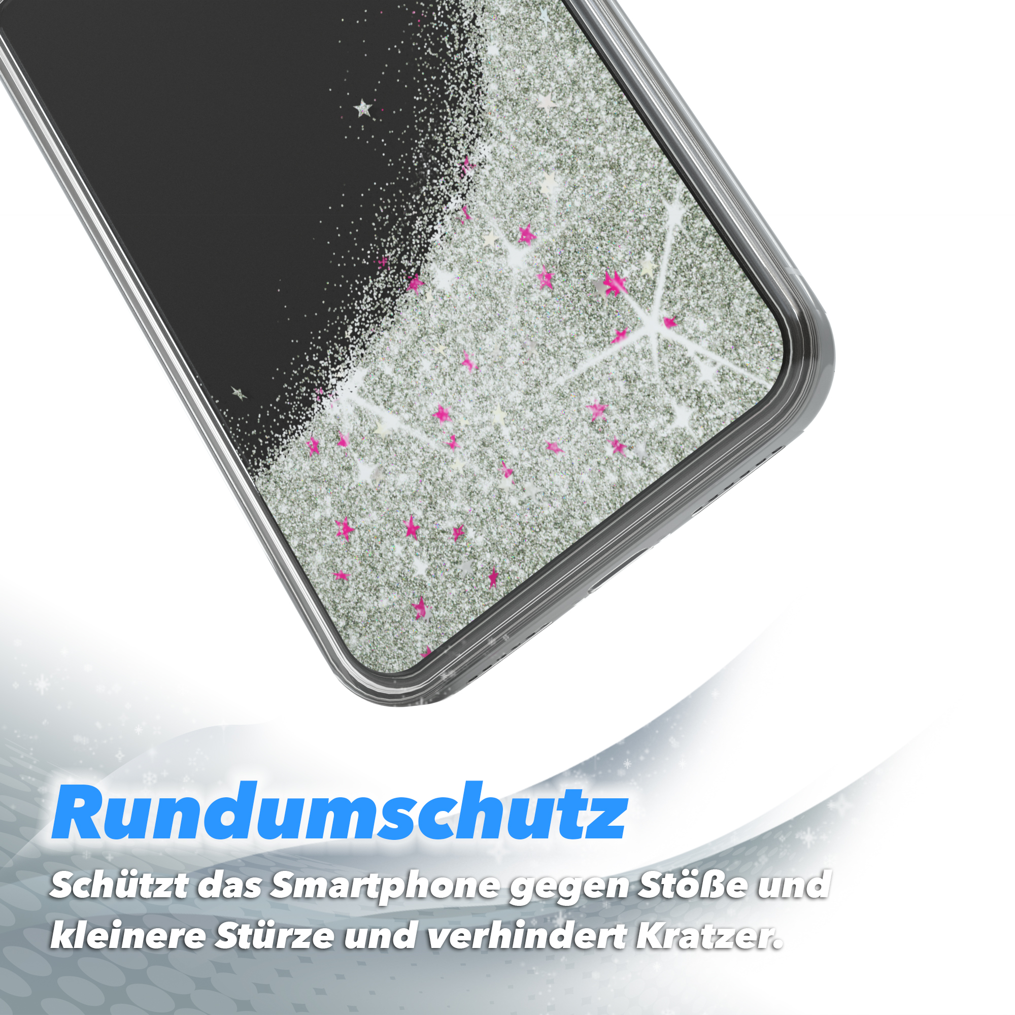 Eine Handyhülle mit Glitzer schützt das Telefon.
