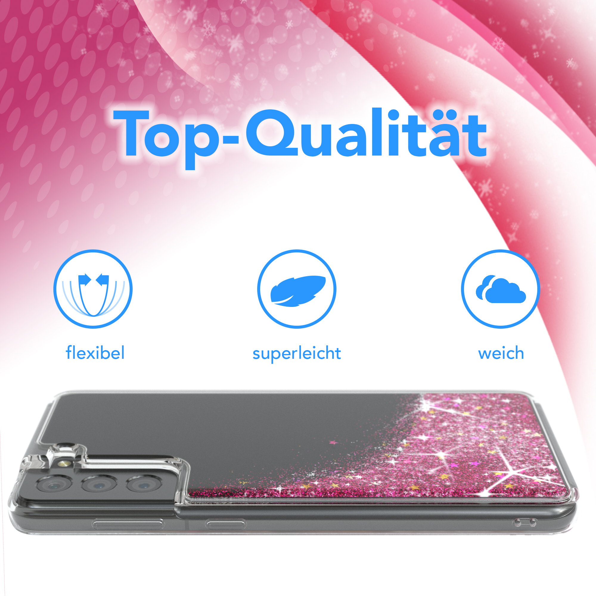 Handyhülle mit rosa Glitzer. Flexibel, superleicht und weich.