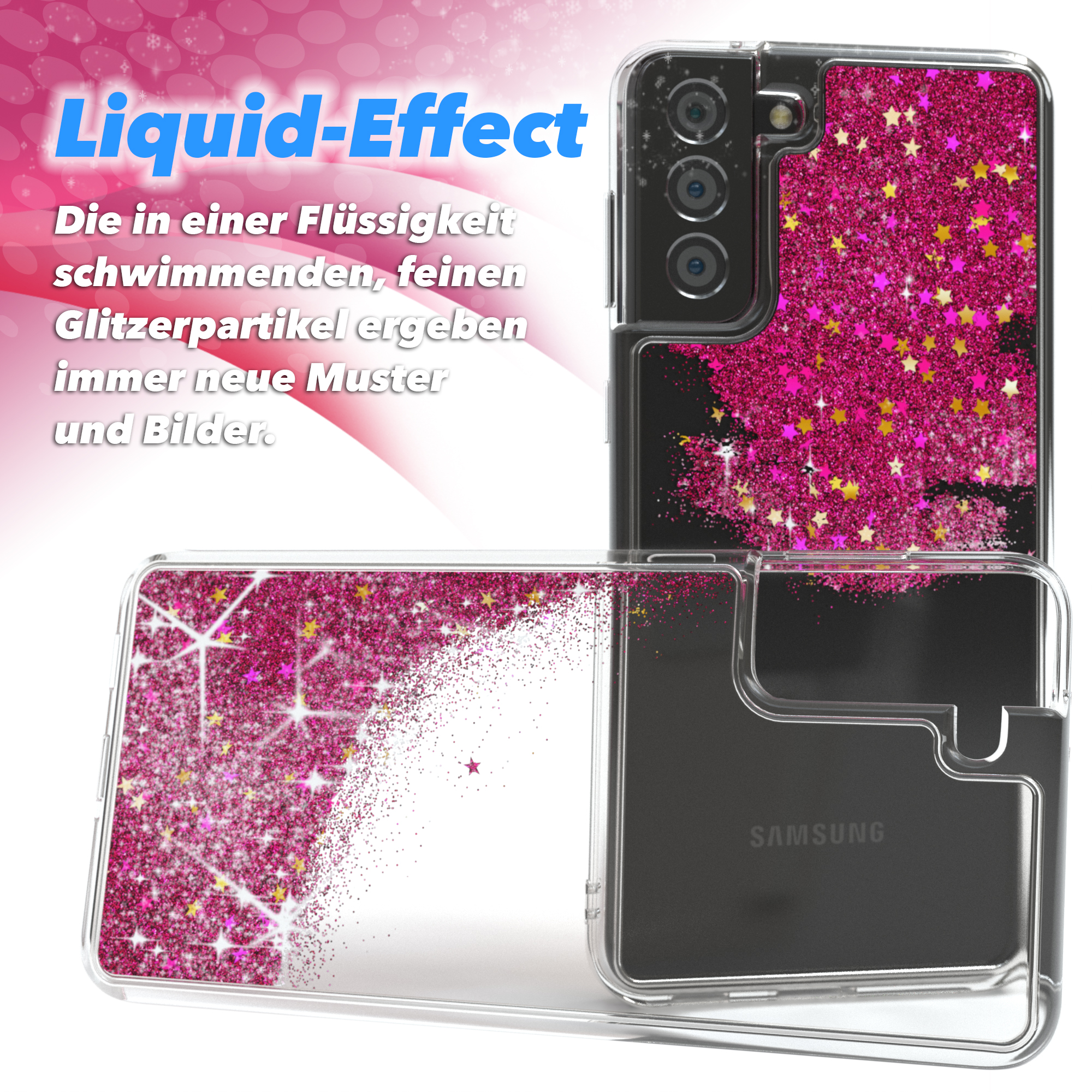 Eine Handyhülle mit rosa Glitzer. Die Handyhülle liegt auf einer weißen Oberfläche. Text 'Liquid-Effect'.